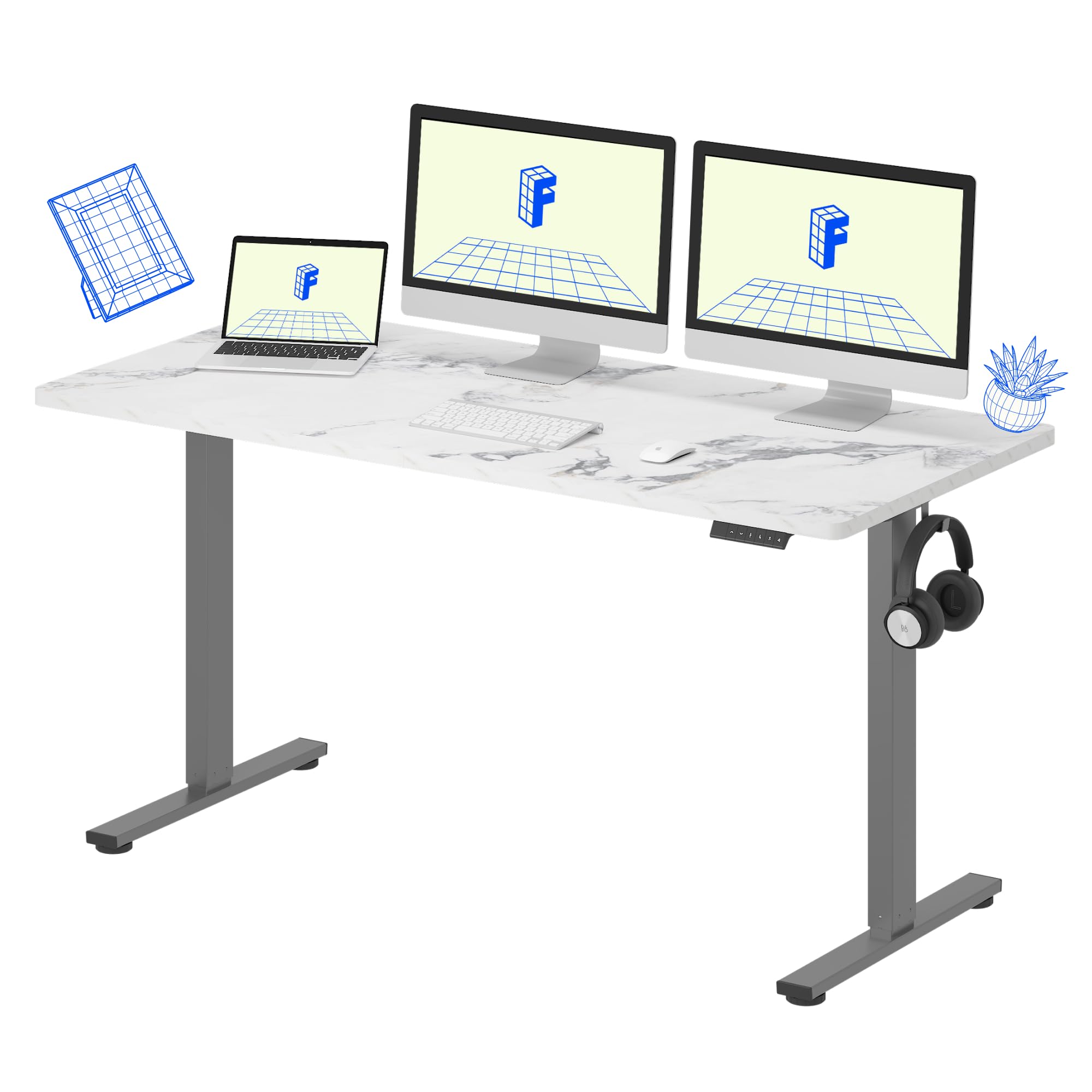 FLEXISPOT EN1 Electric Standing Desk 55 x 28 Inches - Height Adjustable One-Piece Workstation (Silver Frame & Marble Grey Top, 2 Packages) | Perfect for Home Office, Gaming Setup & Workspace Ergonomics