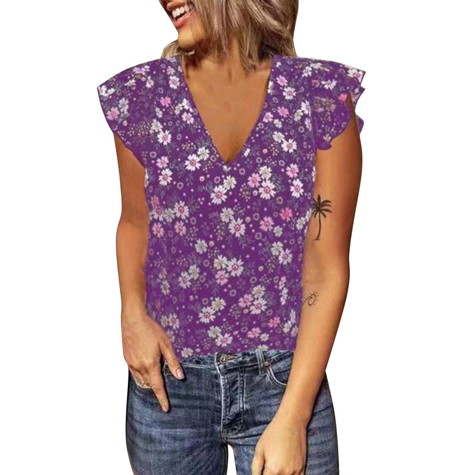XINSHIDE Women's Loose Fit V-Neck Floral Print Pleated Long Sleeve T-Shirt - Casual Cooling Blouse for Summer, Work, Travel & Everyday Wear