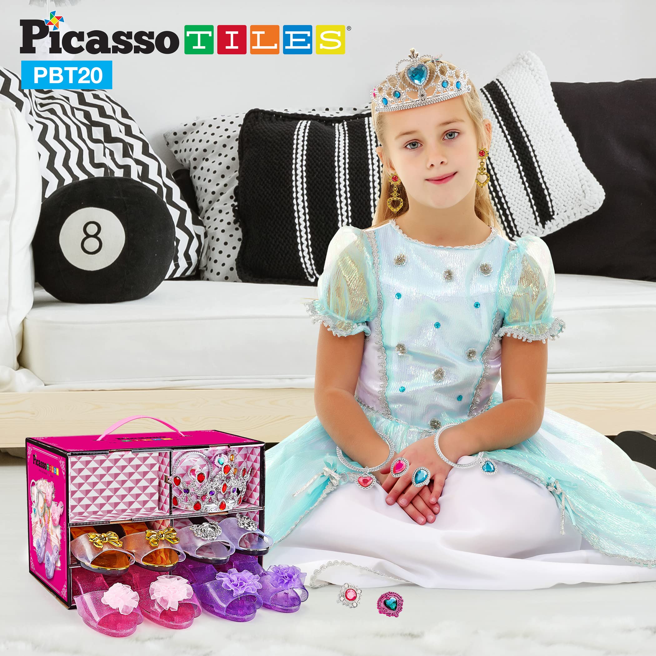 **PicassoTiles Royal Princess Dress Up Set - Tiara, Jewelry, Shoes & Fashion Accessories for Girls Ages 5+ | Pretend Play, STEM Learning & Creative Imagination Toys | Perfect for Birthday Gifts, Tea Parties & Dress-Up Playtime**