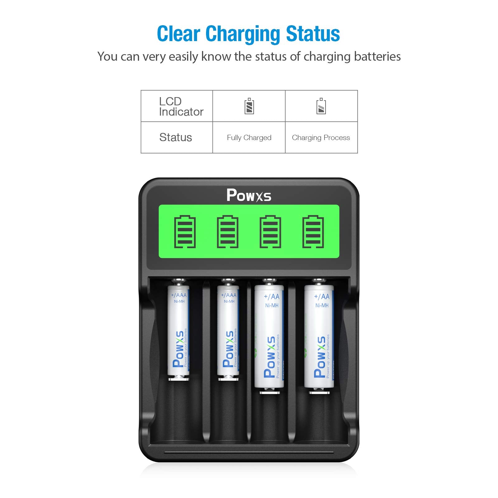 POWXS SW 4P Smart Battery Charger with 4 EBL 26650 Li-ion Rechargeable Batteries - Fast Charging for Flashlights, Vape Mods & Solar Power Systems