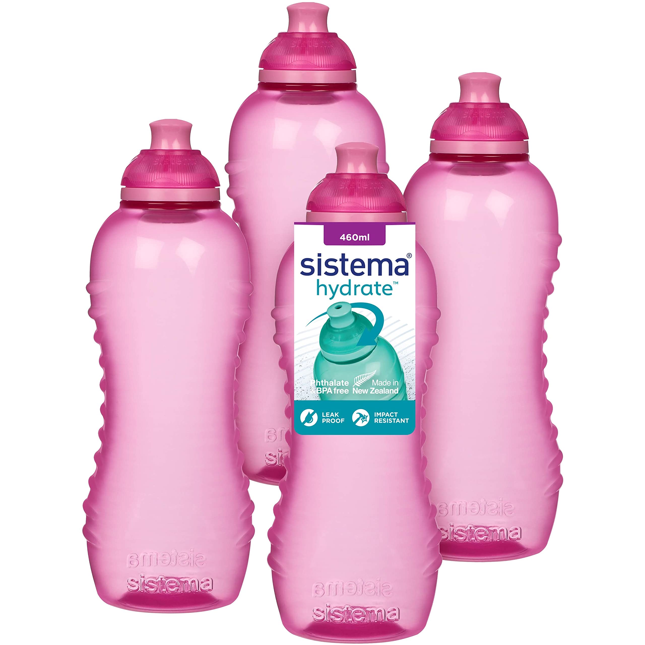 Sistema Twist 'n' Sip Squeeze Sports Water Bottles - 460ml Leakproof BPA-Free Reusable Water Bottle with TerraCycle® Recycling (4-Pack, Pink) - Perfect for Gym, Hiking, School & Outdoor Activities