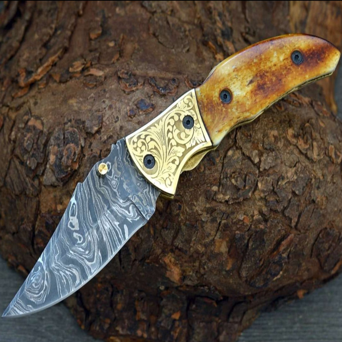 Premium Damascus Steel Folding Knife with Charred Bone Handle - Tactical Pocket Knife for Outdoor Camping, Hunting & EDC (Everyday Carry)