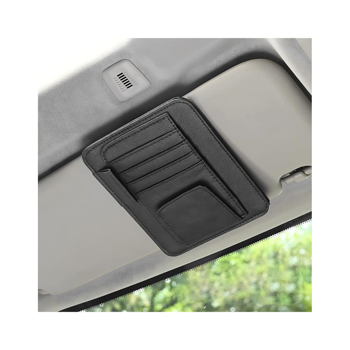 Premium Car Sun Visor Organizer - Waterproof Leather Storage Clip with Sunglasses Holder | Universal Vehicle Accessory for Glasses, Cards & Small Items | Perfect for Road Trips & Daily Commute (Black)