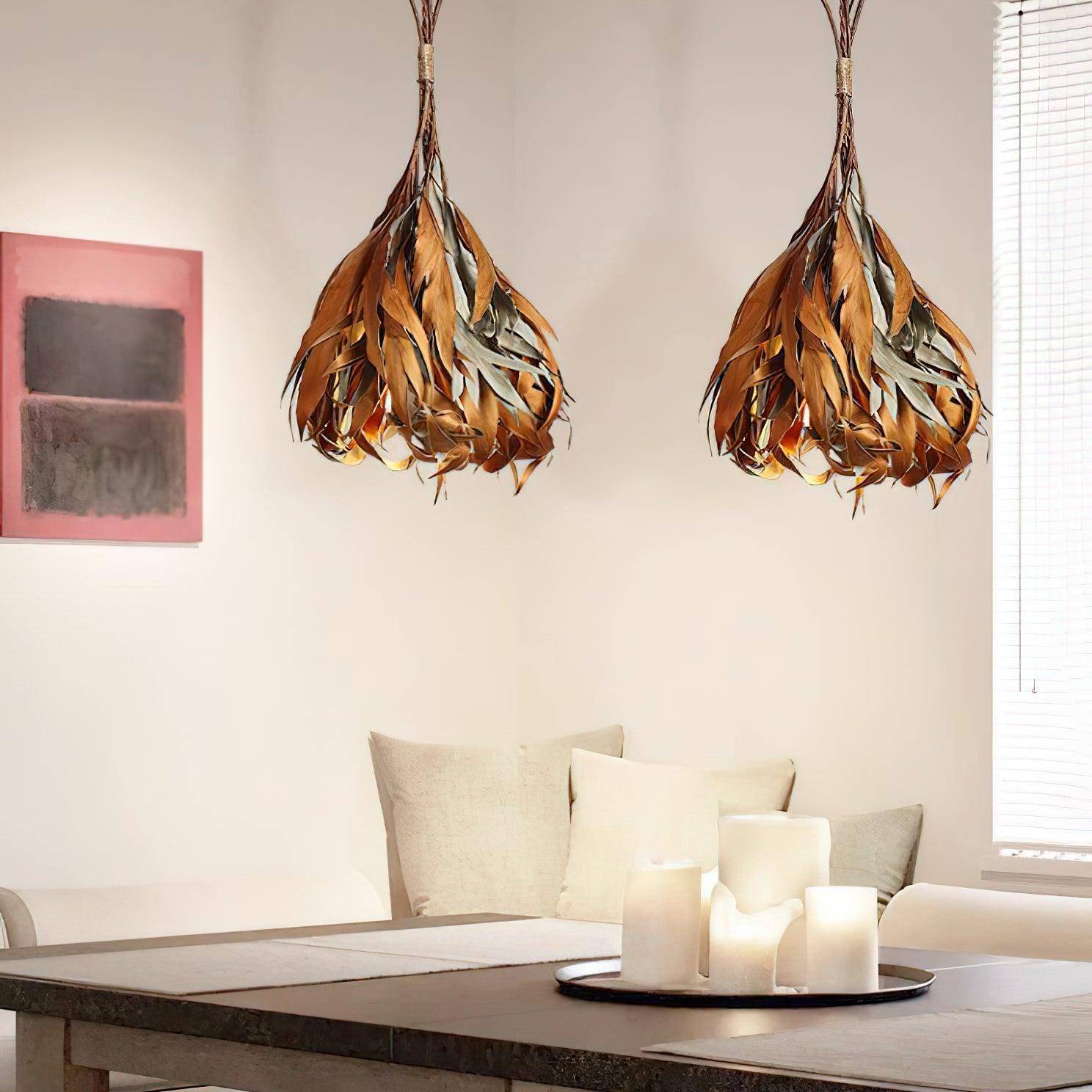 Handmade Dried Branch Leaf Pendant Light - Natural Boho Chic Hanging Lamp for Living Room, Bedroom, or Dining Room Decor