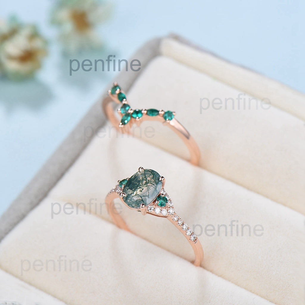Elegant Moss Agate Ring Set - Vintage Green Stone Wedding Ring for Women, Unique Moss Agate Engagement Ring Bridal Set, Emerald Anniversary Gift - Perfect for Bridal Jewelry, Wedding Bands & Special Occasion Gifts