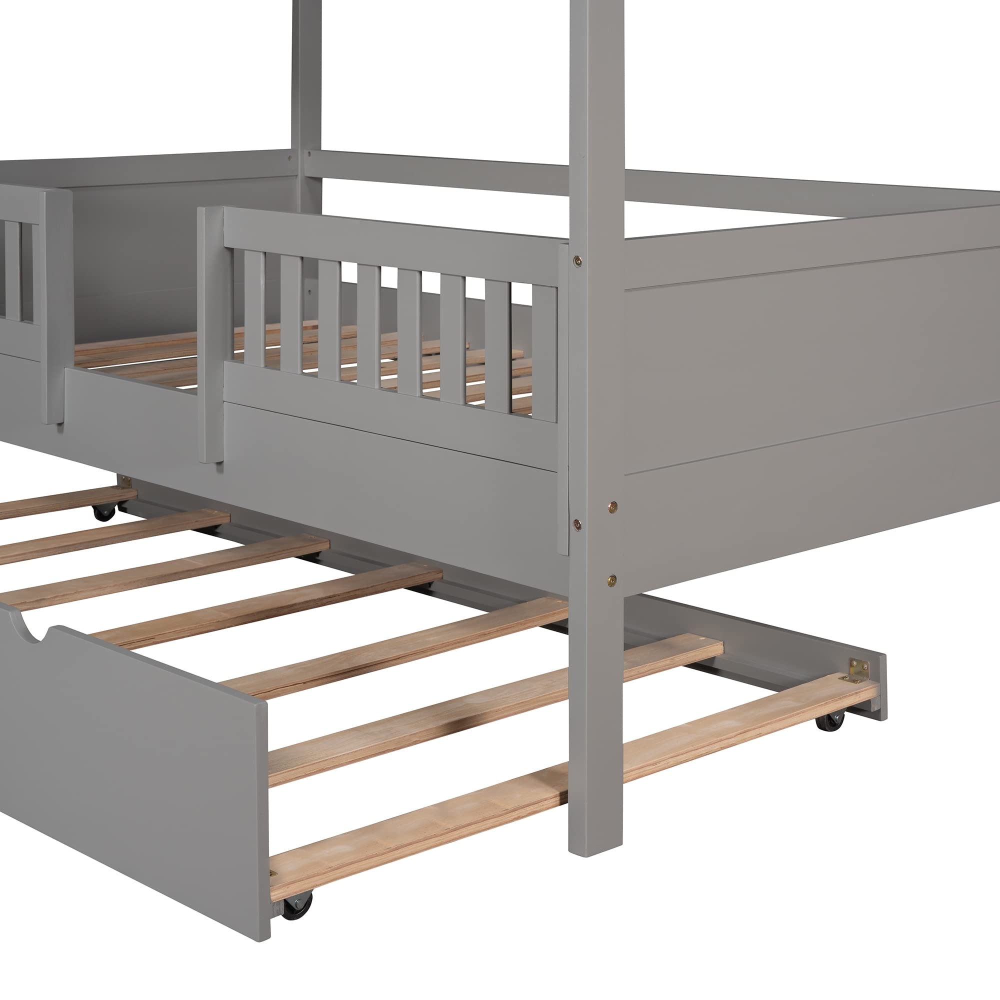 Twin Size Wooden House Bed with Trundle - Kids Daybed Frame with Safety Fence & Roof Design - Easy Assembly for Boys & Girls Bedroom - Perfect for Sleepovers, Playtime & Cozy Naps (Gray+Twin+House#)