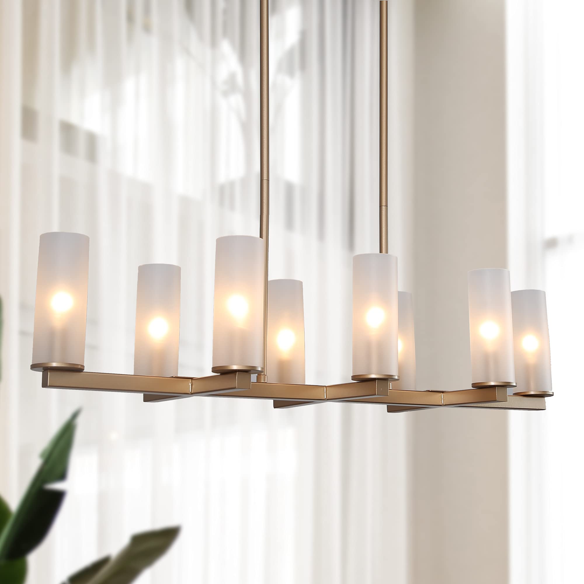 Modern 8-Light Gold Chandelier with Frosted Glass Shades - Dimmable Linear Island Lighting for Dining Room & Kitchen - Elegant Metal Ceiling Fixture for Home Decor (Perfect for Farmhouse, Modern & Contemporary Interior Design)