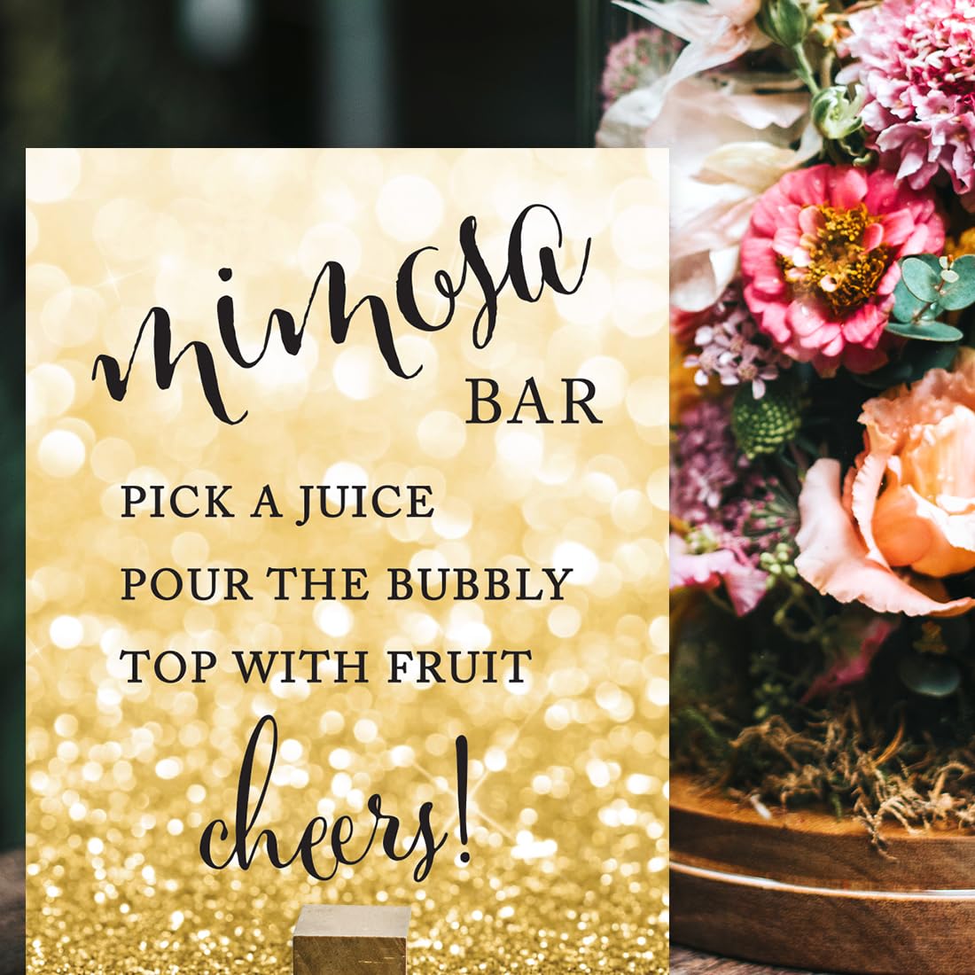Glitzy Gold Glitter Wedding Party Signs - 8.5x11 Inch DIY Mimosa Bar Sign with 'Pick a Juice, Pour Bubbly Champagne, Top with Fruit' Design - Perfect for Bridal Showers, Receptions & Dessert Tables (1-Pack)