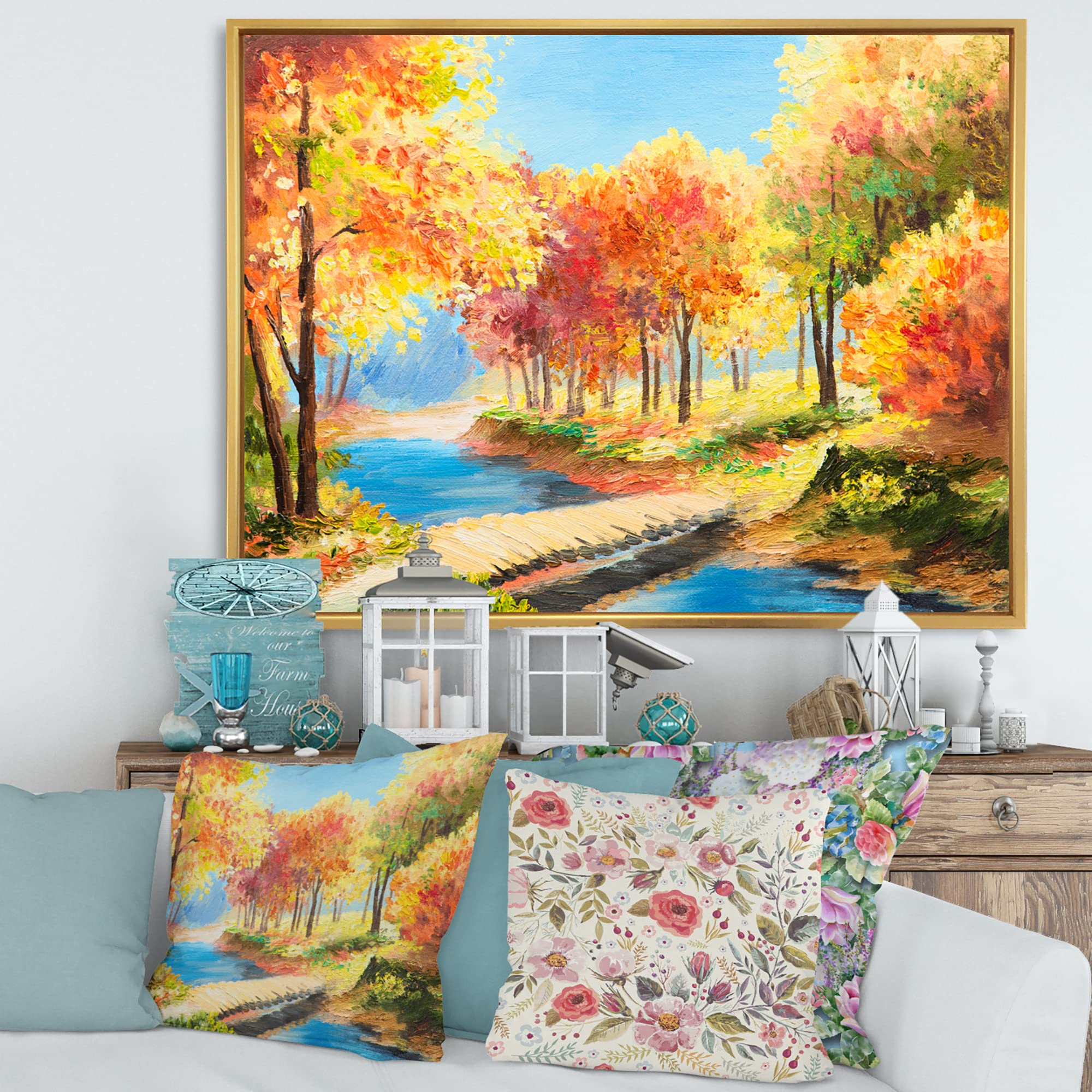 DesignQ Yellow and Orange Trees By The Riverside - Lake House Framed Canvas Wall Art Print for Living Room, Bedroom & Office Decor - Nature Landscape Painting for Home Interior Design