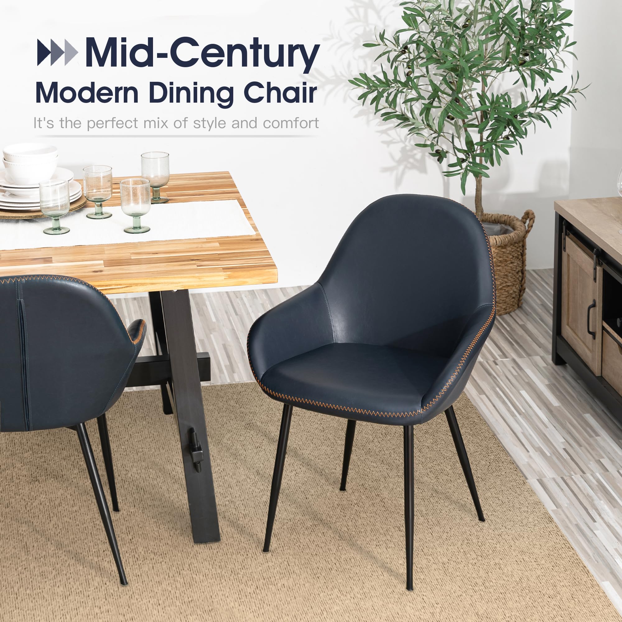 Glitzhome Mid-Century Modern Dining Chairs Set of 2 - Navy Blue Leatherette Upholstered Armchairs with Metal Legs for Living Room, Bedroom & Kitchen | Comfortable Seating for Dining, Entertaining & Home Office