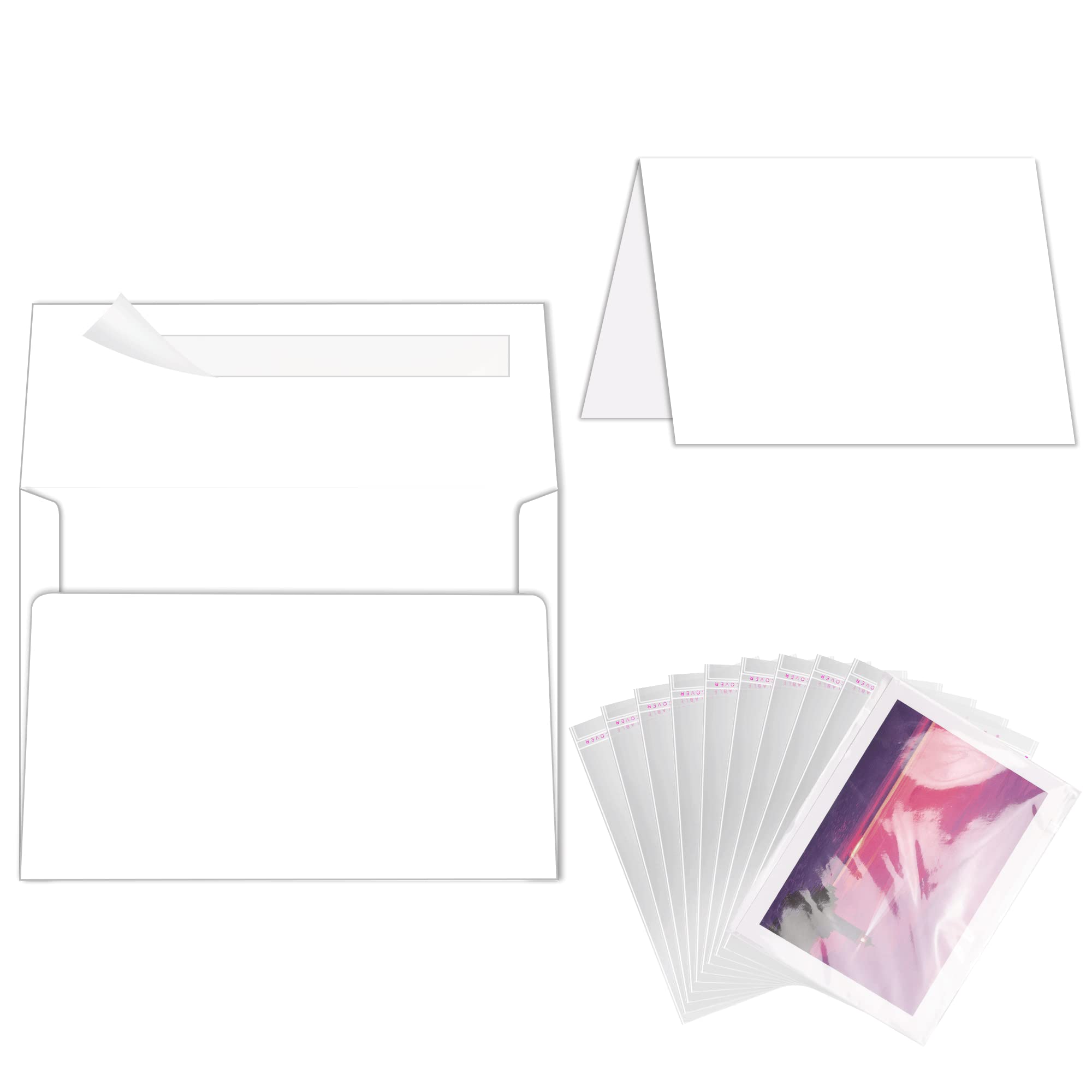 Goefun 100 Pack 5x7 Blank White Folded Cardstock & A7 Envelopes with Clear Cello Bags - Self Seal Invitation Cards for Wedding, Birthday, Greeting Cards - Perfect for DIY Crafts, Party Invitations, Thank You Notes and Stationery Projects