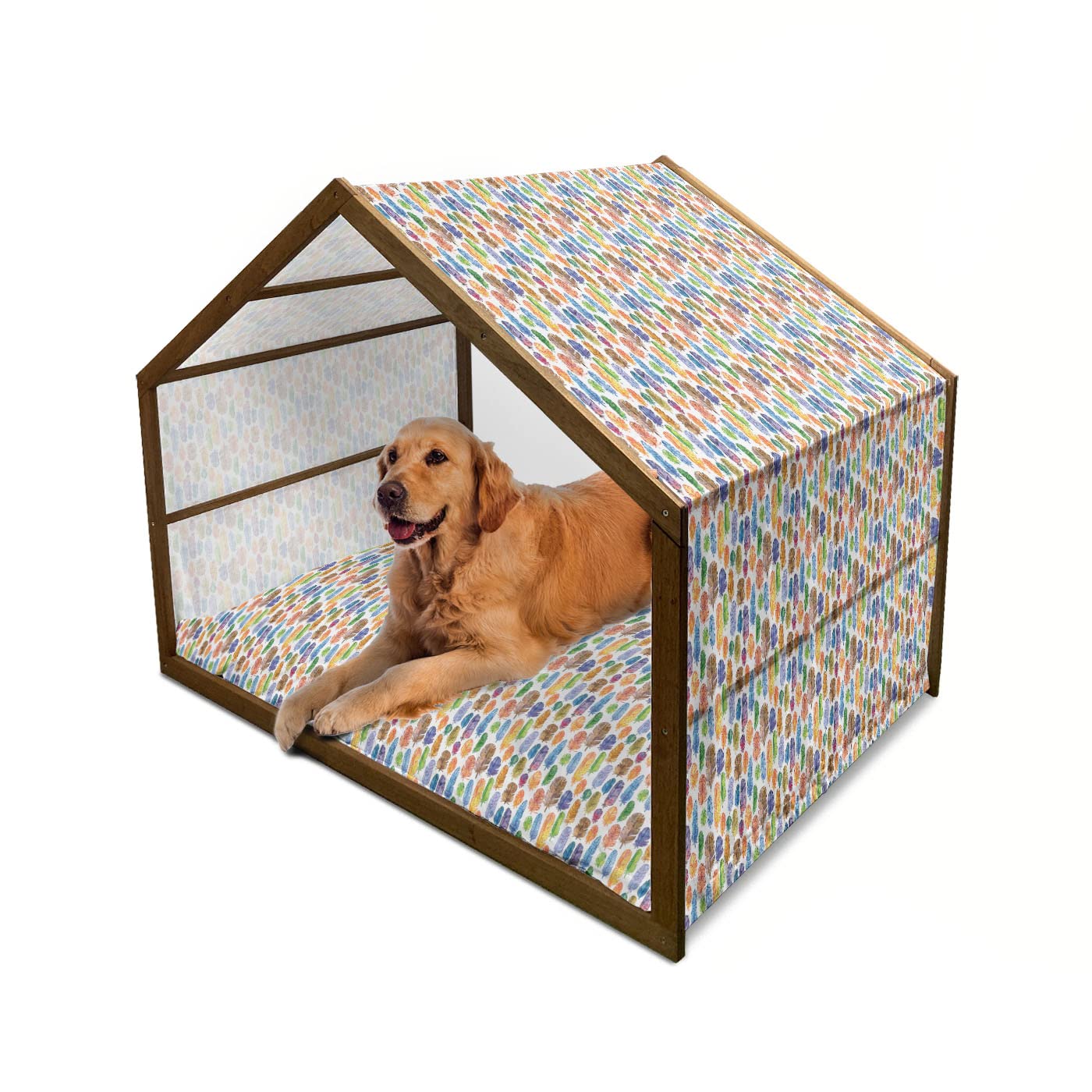 Ambesonne Feather Wooden Dog House - Watercolor Feather Pattern, Portable Indoor & Outdoor Dog Kennel with Pillow & Cover, 2X-Large, Multicolor - Perfect for Backyards, Patios & Pet-Friendly Homes