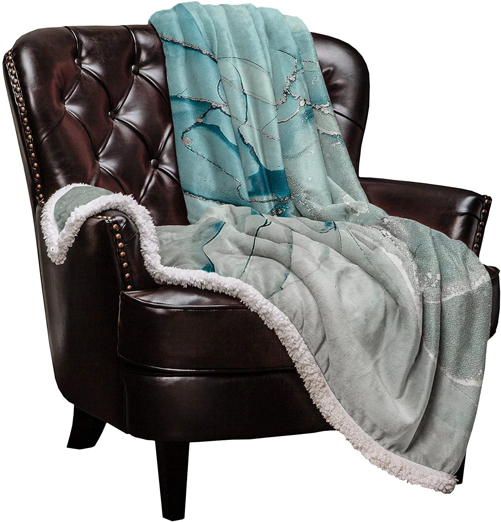 Teal Marble Sherpa Fleece Blanket - Super Soft Cozy Luxury Throw 50