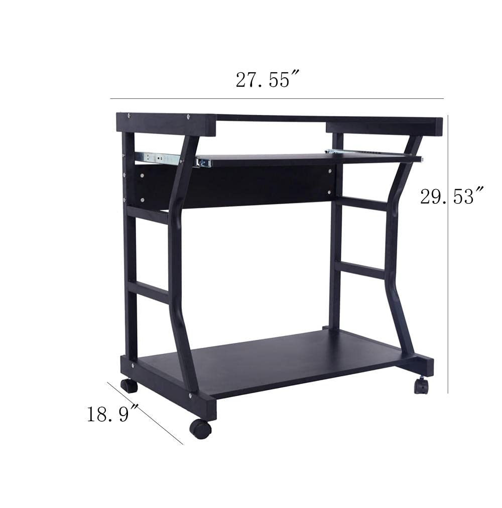 Compact Mobile Computer Desk Cart with Keyboard Tray & Printer Shelf - Black | Ideal for Home Office, Small Spaces, Workstations & Writing Desks