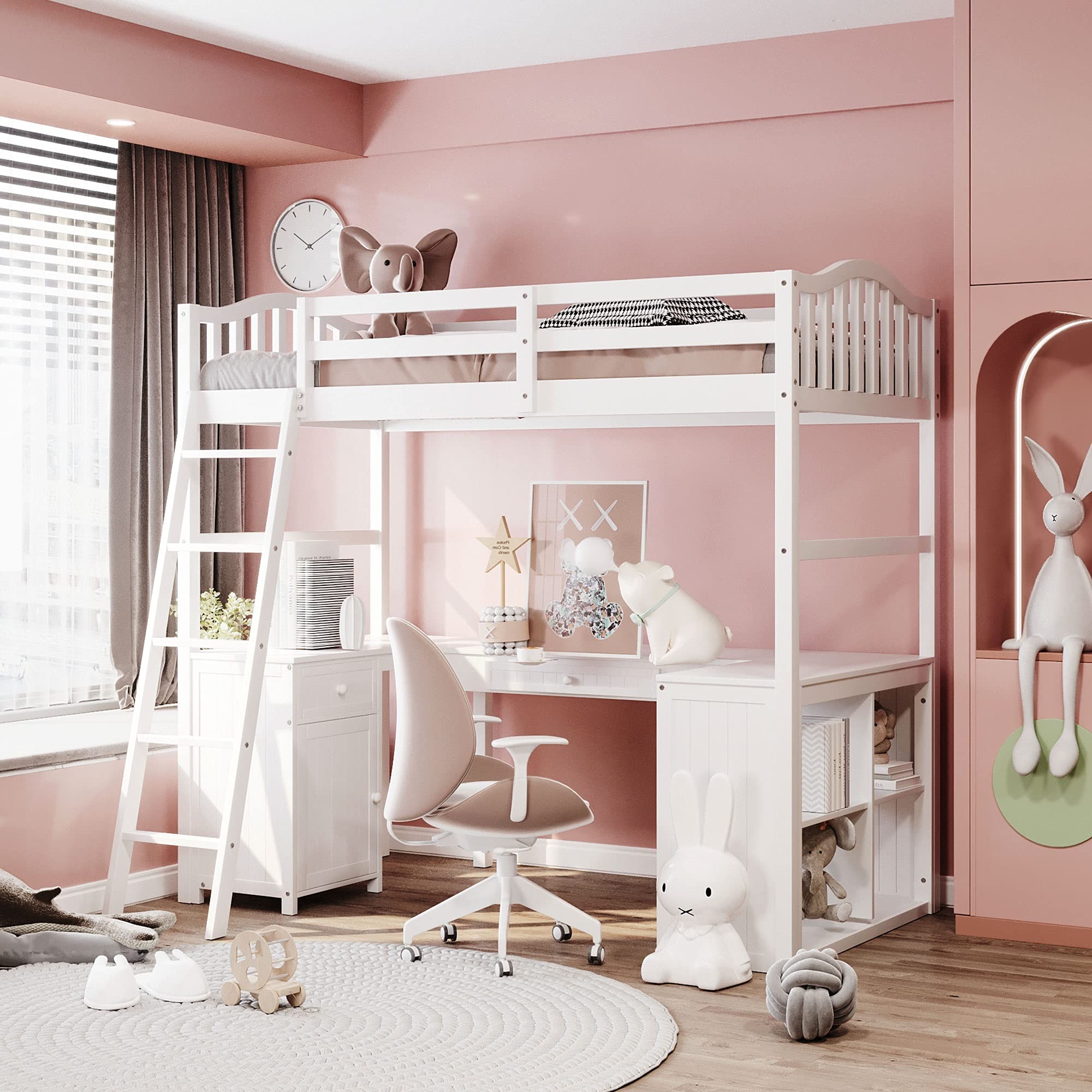 Rhomtree Twin Size Wooden Loft Bed with Drawers, Cabinet, Shelves & Study Desk - Sturdy Guard Rail & Ladder Included - Perfect for Kids, Teens & Adults Bedroom (White) - Space-Saving Solution for Small Rooms & Dormitories