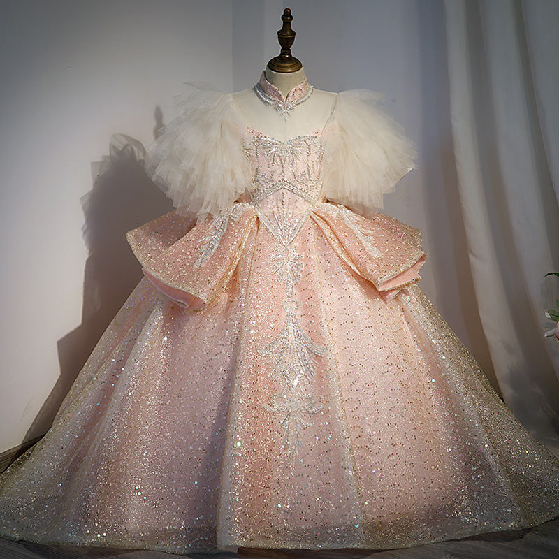 Sparkly Pink Sequined Princess Flower Girl Dress with Puff Sleeves - Perfect for Weddings, Birthday Parties & Special Occasions
