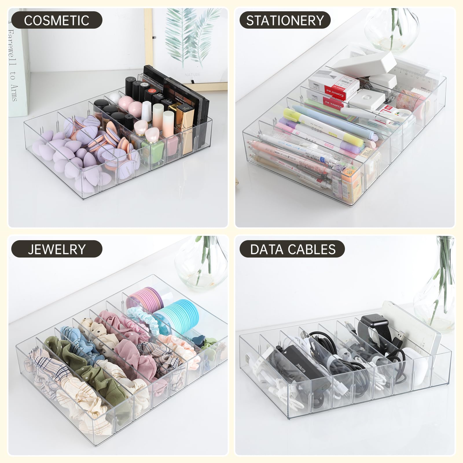 2-Pack Clear Stackable Cable Organizer Box with Adjustable Compartments & Wire Ties - Large Cord Storage Solution for Drawers, Electronics, Travel & Home Office Organization