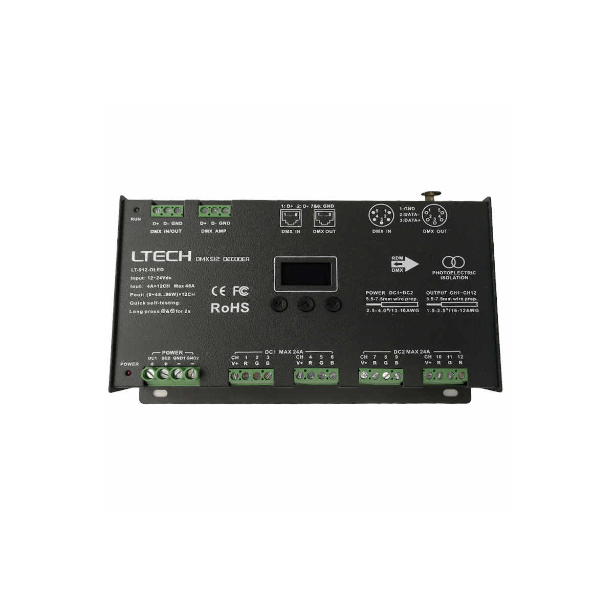 Ltech LT 912 OLED Constant Voltage DMX/RDM Decoder Controller - Professional Lighting Control for Stage, Theater, and Architectural Lighting Systems