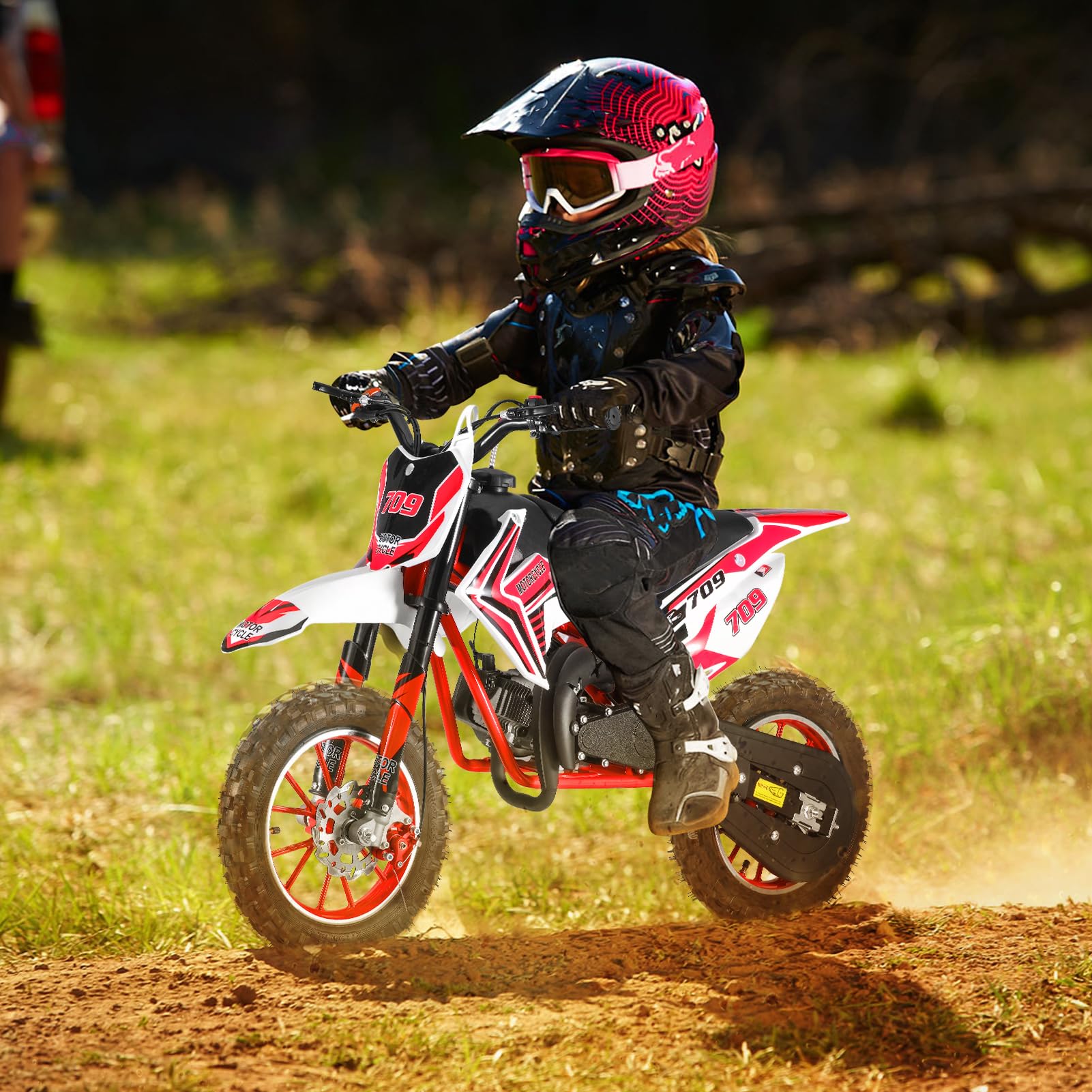 49cc Kids Dirt Bike - 2-Stroke Gas Powered Off-Road Mini Motorcycle for Boys & Girls with Front/Rear Disc Brakes, Max Speed 40KM/H - Perfect for Backyard Racing, Trail Riding & Off-Road Adventures (Red)
