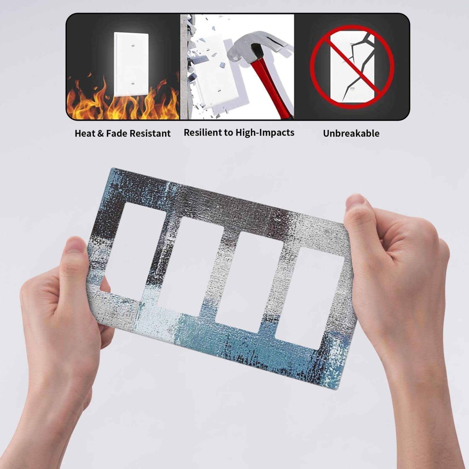 Abstract Blue Gray Black Quad Rocker Light Switch Cover - Decorative 4 Gang Wall Plate - Funny Lightswitch Faceplate 4.5 x 8.0 Inch - Perfect for Modern Homes, Offices & DIY Decor Projects