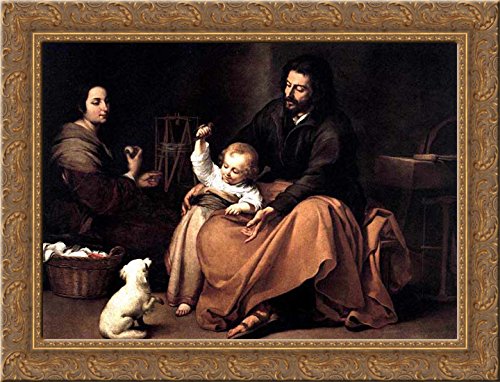 The Holy Family with the Little Bird - 19x24 Inch Gold Ornate Wood Framed Canvas Art Print by Bartolome Murillo - Perfect for Home Decor, Living Room Wall Art, and Religious Gift