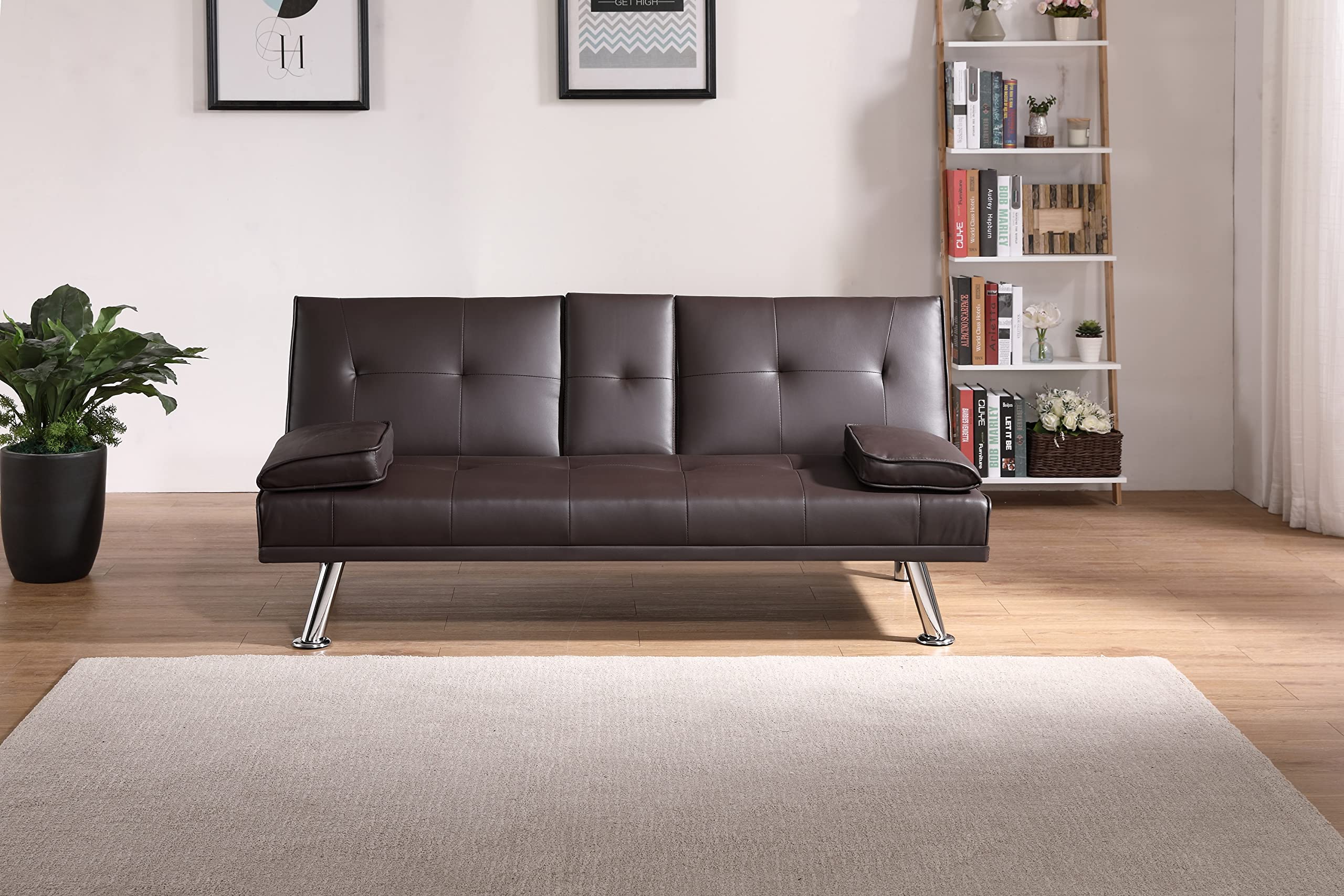 Modern Faux Leather Convertible Futon Sofa Bed - Foldable Sleeper Couch with Cup Holder for Small Spaces, Living Room, Apartment & Dorm - Bonus Room Furniture (Brown, 67