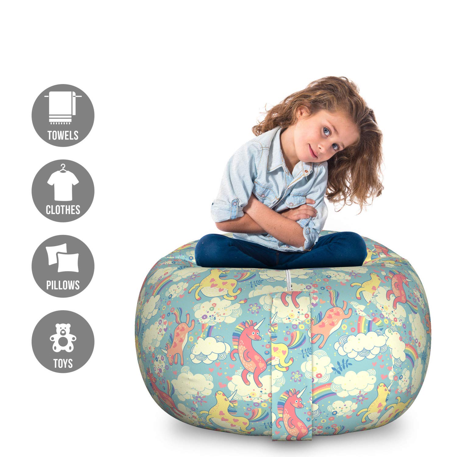 Ambesonne Pastel Storage Toy Bag Chair - Large Washable Stuffed Animal Organizer with Rainbow Unicorns & Clouds Design | Kids Room Decor, Playroom Storage, Nursery Organization Solution