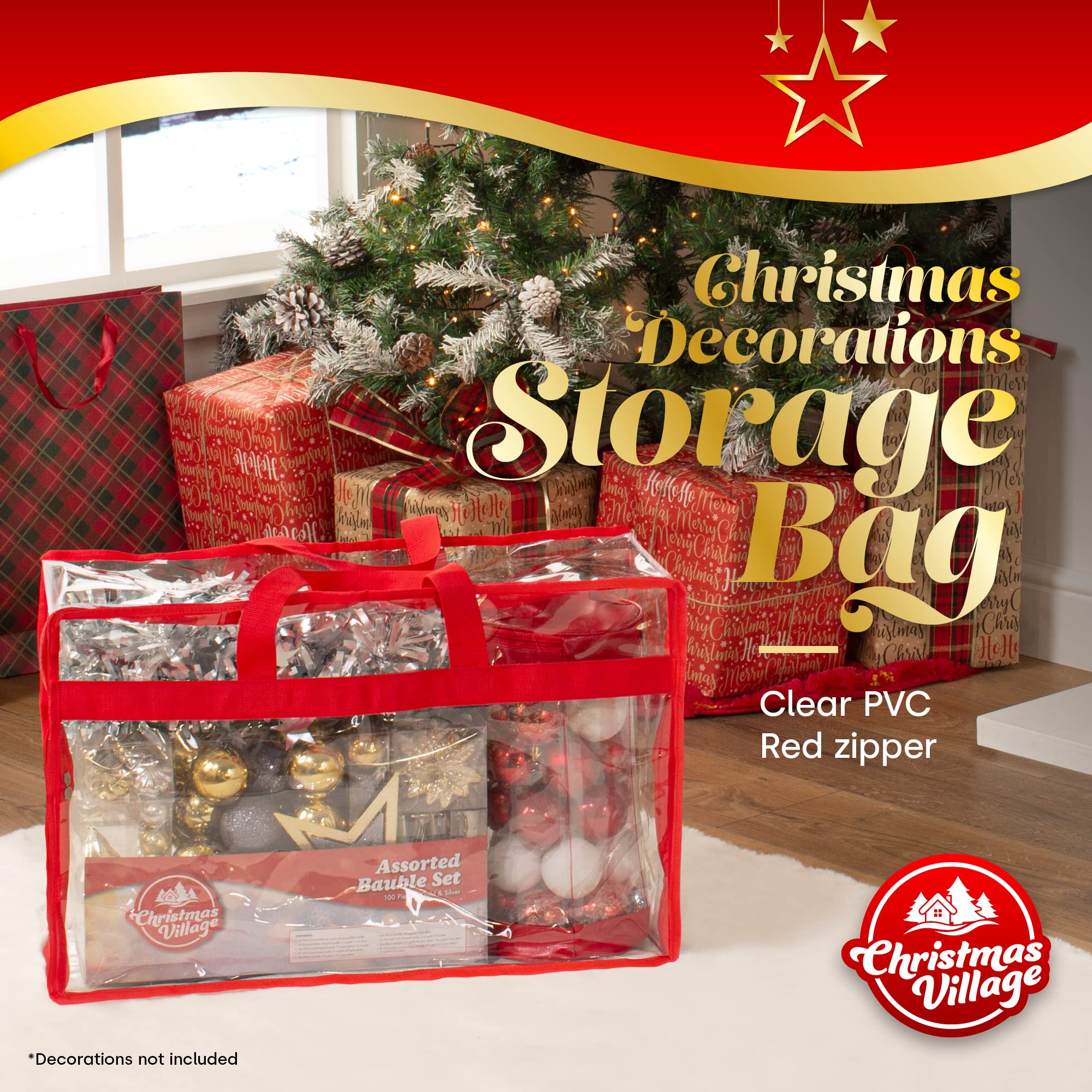 Christmas Village Storage Set - 2 Pack Clear PVC Organizer Bags with Zipper for Holiday Decorations, Toys & Wrapping Paper - Perfect for Bedroom Closet, Wardrobe & Seasonal Storage (Red)