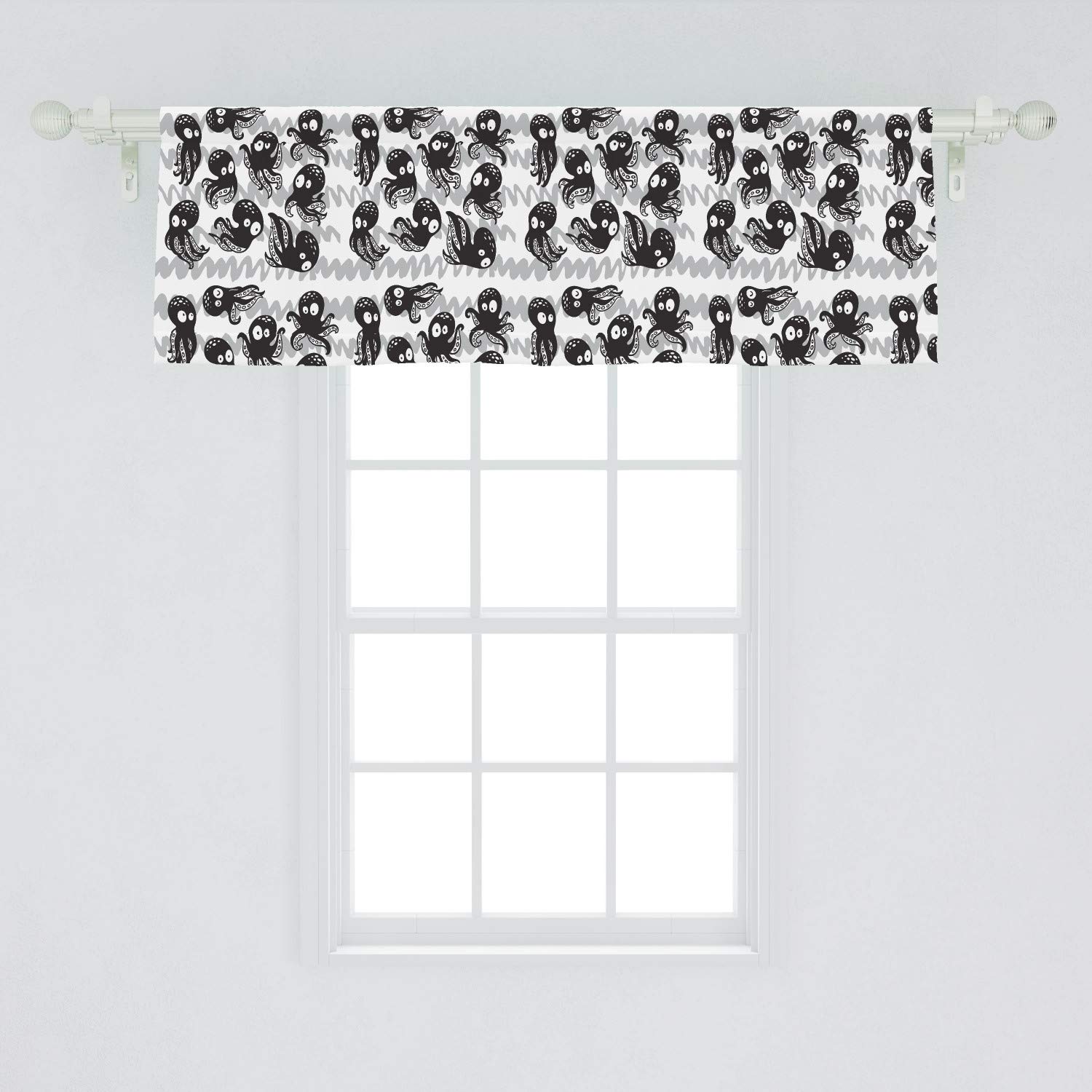 Ambesonne Octopus Window Valance - Playful Cartoon Ocean Animal Design with Rod Pocket (54x18 Inch) | Black Grey White Kitchen & Bedroom Curtain Valance | Perfect for Coastal Themed Decor, Kids' Rooms & Beach House Interiors