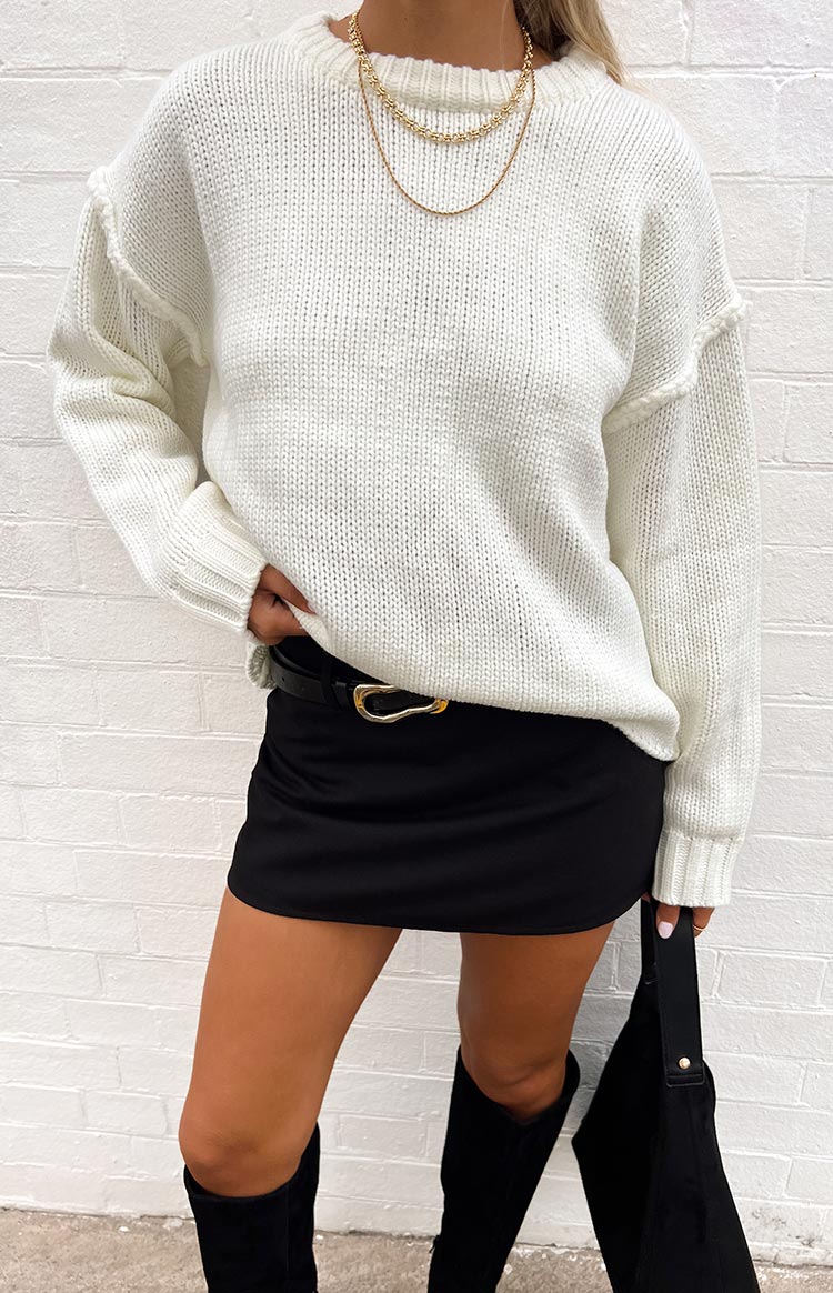 Edwina Cream Raw Edge Knit Sweater for Women - Soft Chunky Oversized Pullover for Fall & Winter - Cozy Casual Wear for Outfits, Dates, and Office