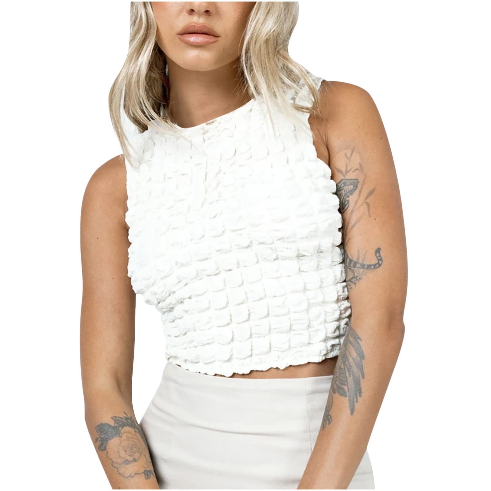 Women's Summer Pajama Sets - Sleeveless Round Neck Solid Color Bubble Lattice Tank Top & Shorts 2-Piece Outfit | Comfortable Sleepwear for Hot Weather, Lounge Wear, Vacation & Home Relaxation