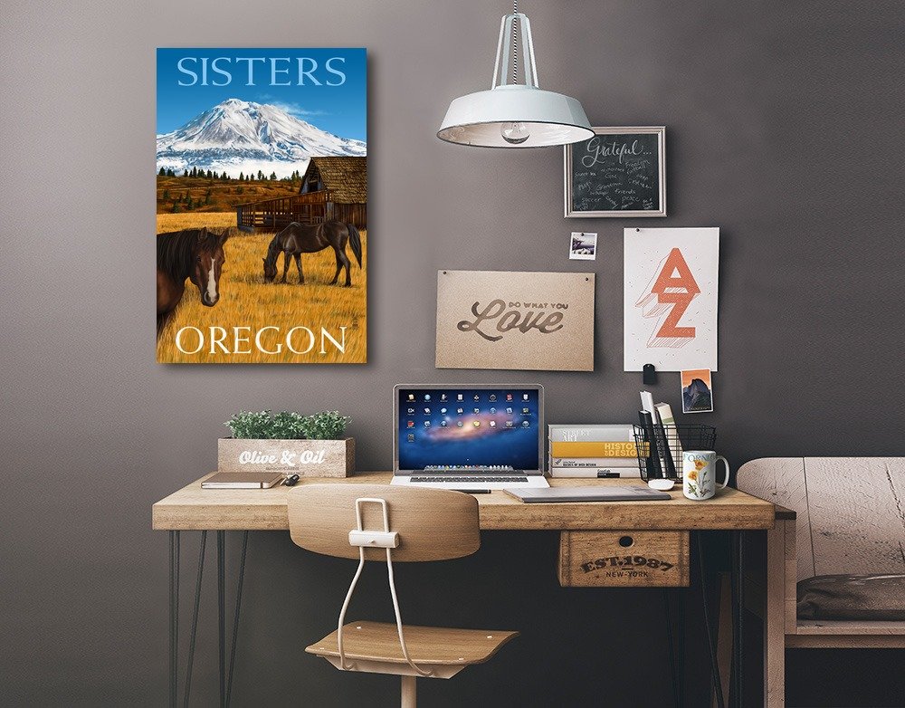 Horses and Mountain Sisters Oregon Wall Art - 16x24 Wrapped Canvas Print for Living Room, Bedroom & Office Decor - Nature Landscape Painting Home Decoration