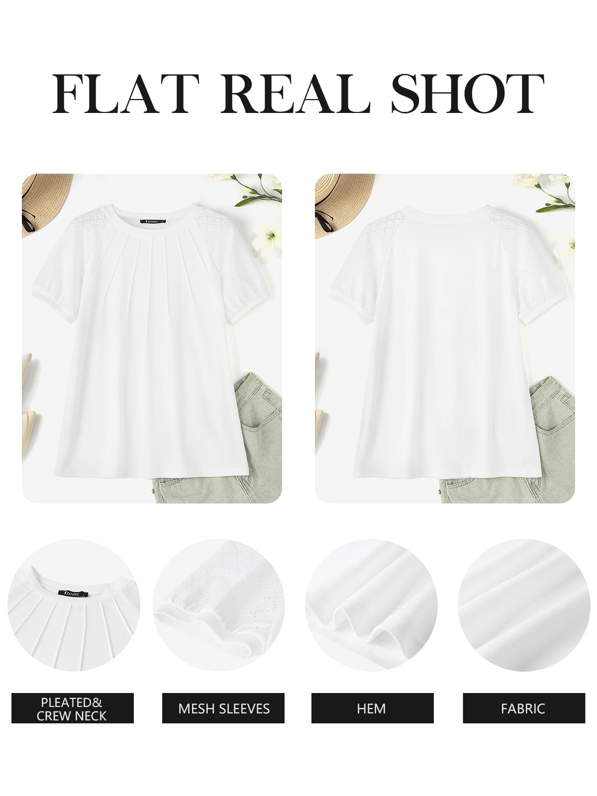 ZANZEA Women's Summer Tops - Puff Sleeve Blouses, Dressy Casual Crew Neck Short Sleeve Shirts, Pleated Tunic Loose T-Shirts for Work, Date & Vacation | Breathable & Stylish