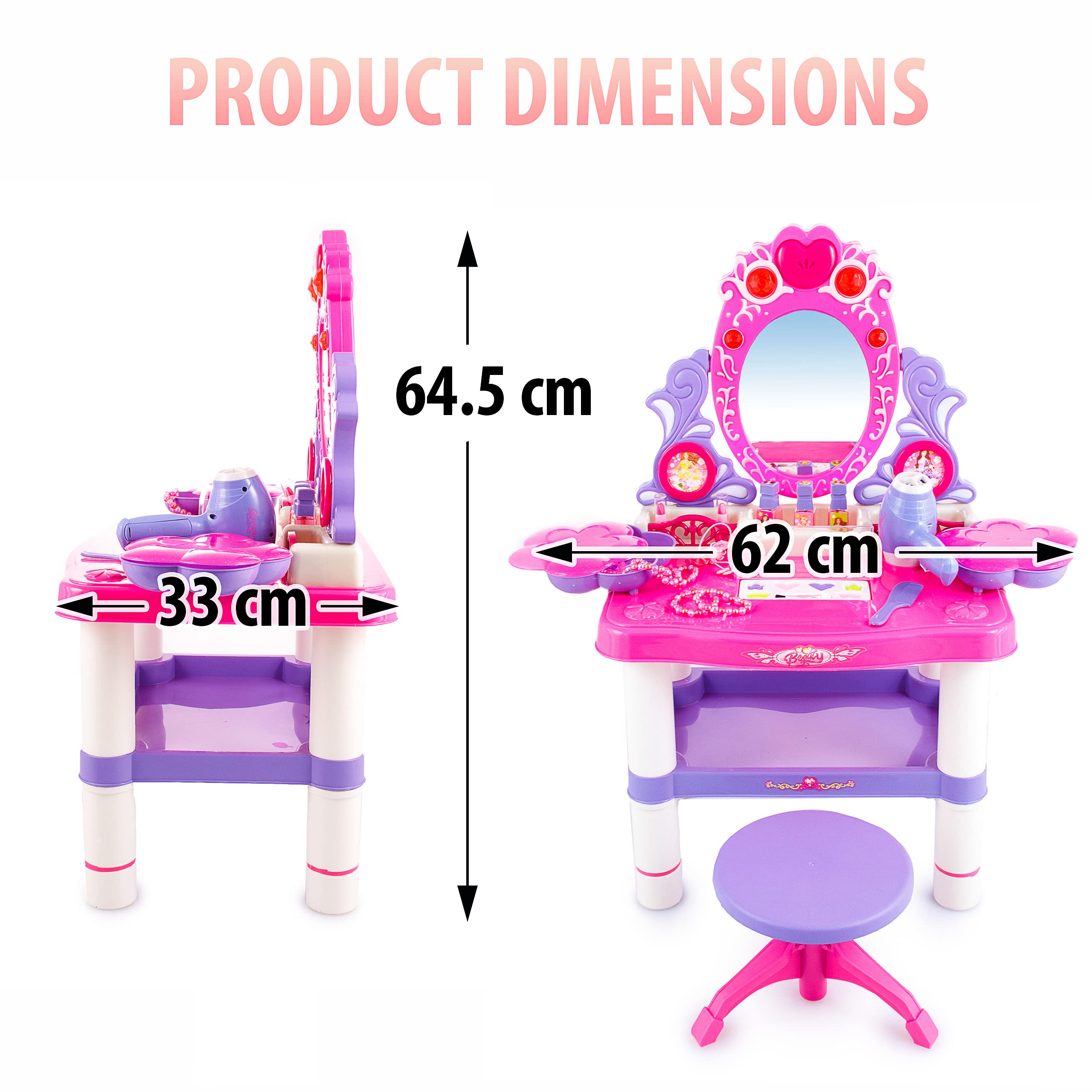 Kinderplay Pink Makeup Vanity Set for Girls - Kids Dressing Table with Light-Up Mirror, Sound Effects & Accessories, KP2798 - Perfect for Pretend Play, Birthday Gifts & Bedroom Decor