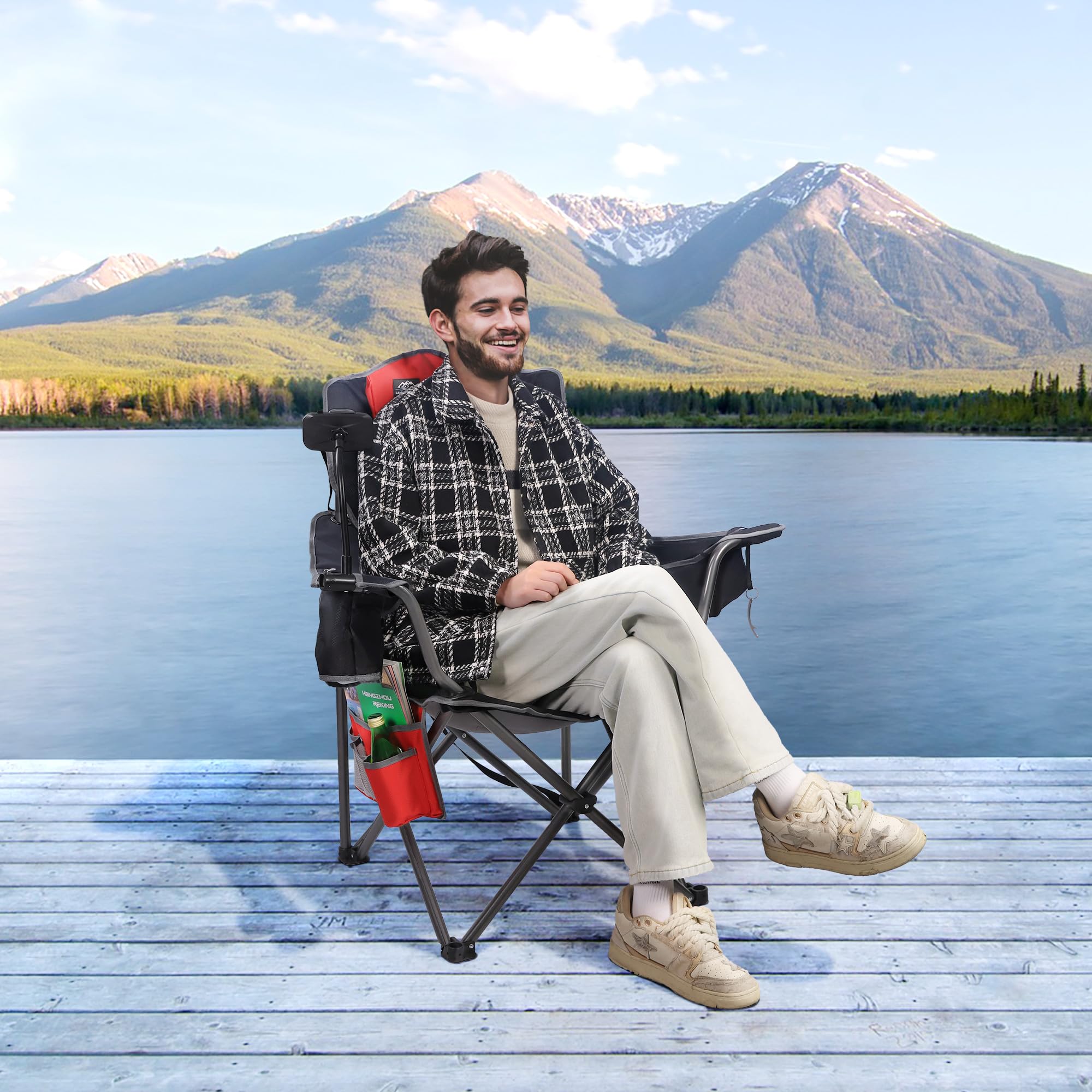 **Heavy Duty Folding Camping Chairs for Adults - High Back Padded Outdoor Lawn Chairs with Phone Holder, Cup Holder & Cooler Bag - Perfect for Beach, Backyard, Picnics & Camping Trips (Red)**