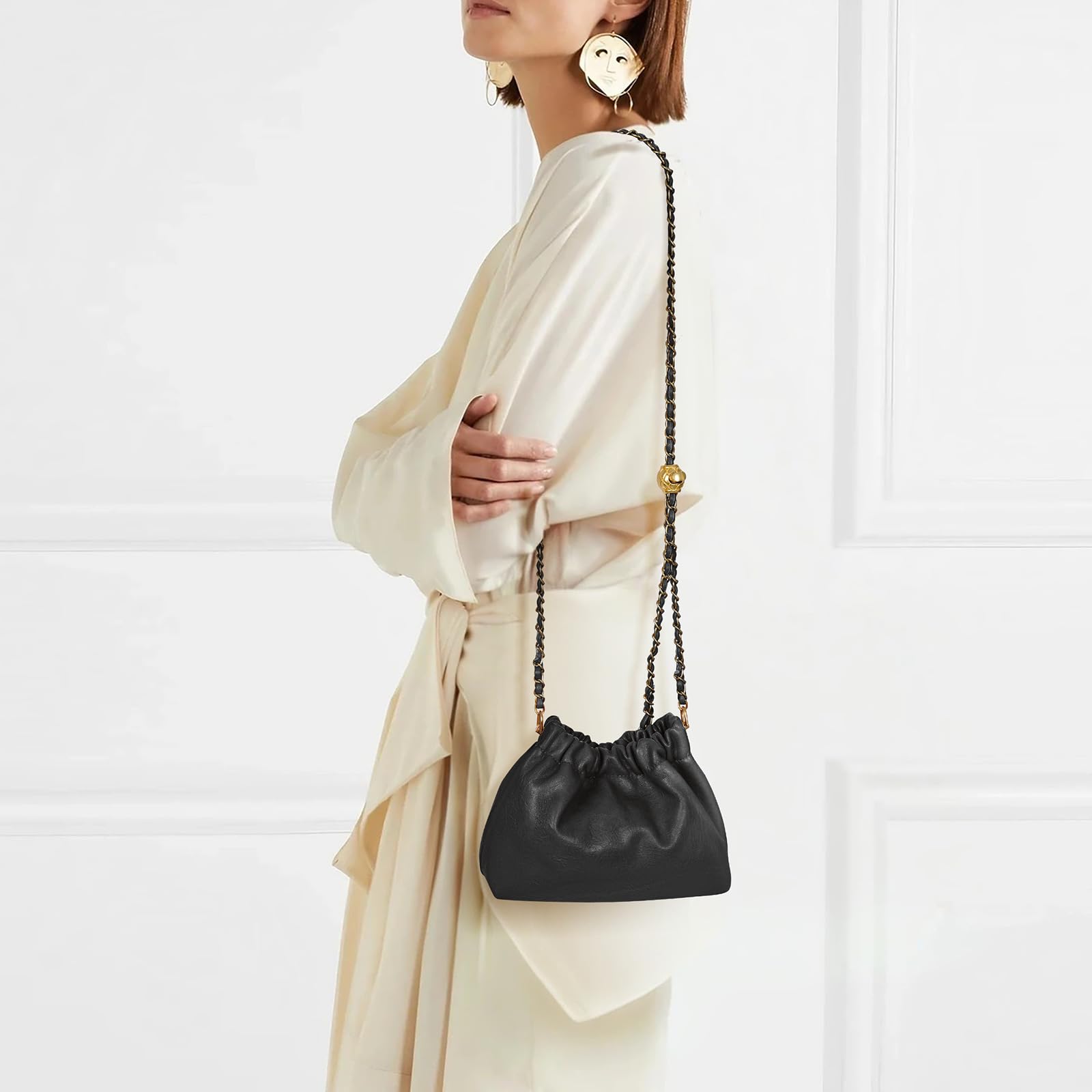 Stylish Women's Leather Chain Hobo Bag - Crossbody Shoulder Tote Purse with Drawstring for Dating, Work & Travel | Trendy Small Handbag for Everyday Use