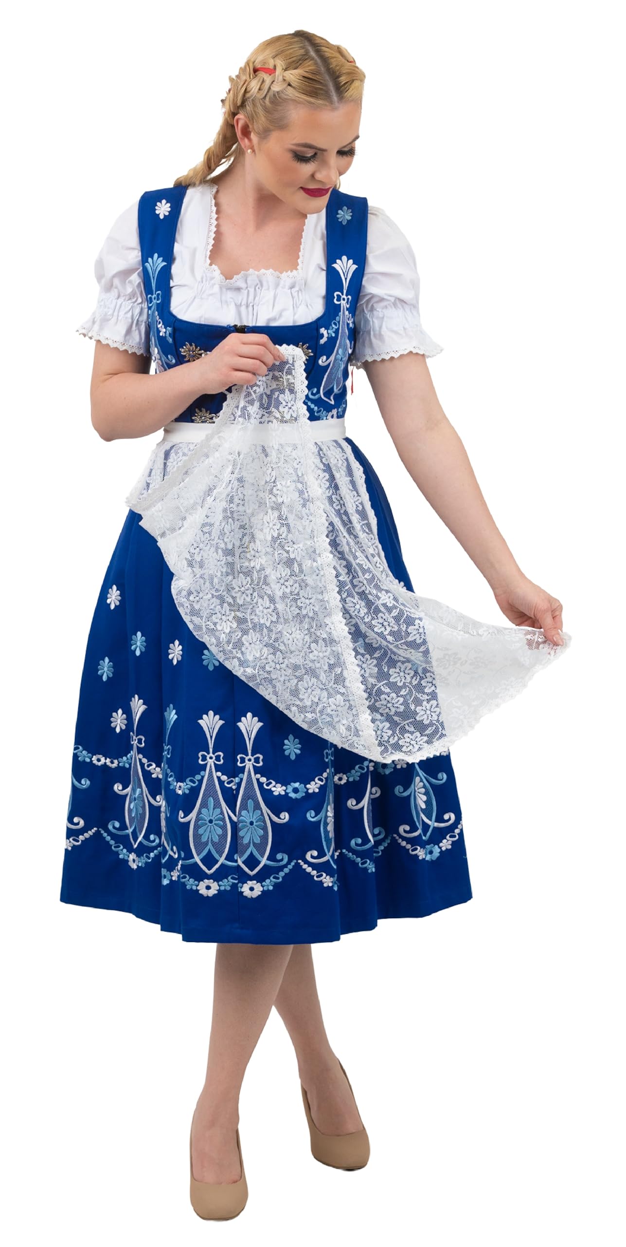 Authentic Bavarian Dirndl Dress for Women - 3-Piece Long Blue Oktoberfest Costume | Traditional German Trachten Haus Outfit for Oktoberfest, Beer Festival & Cultural Events