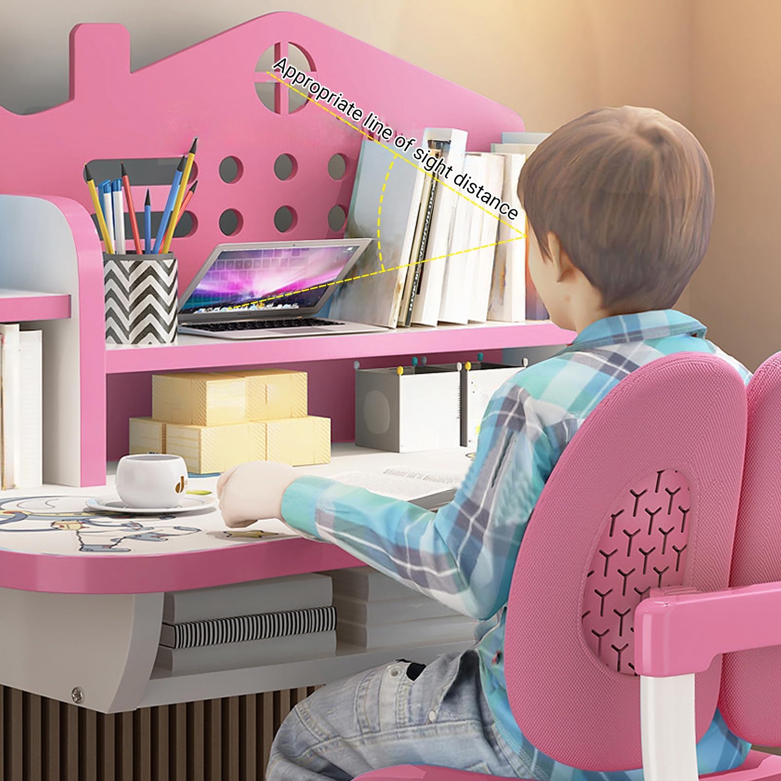 CDAR Kids Adjustable Height Study Desk and Chair Set with Cartoon Pattern - Widened Tabletop & Ergonomic Golden Distance Design for Children's Learning, Writing & Drawing | Perfect for Homeschooling, Bedroom Study & Playroom