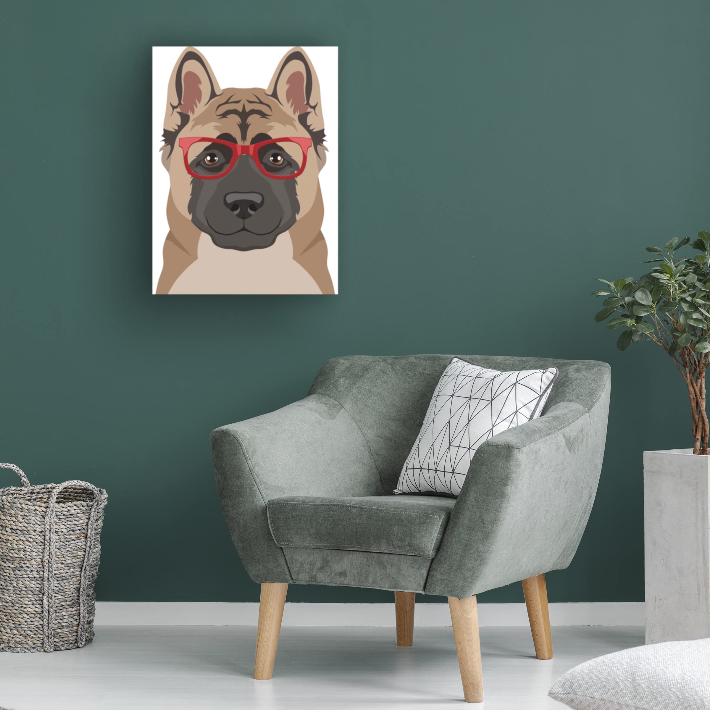 Trademark Fine Art 'Akita Wearing Hipster Glasses' Canvas Wall Art Print - Modern Dog Portrait Painting for Living Room, Bedroom & Office Decor