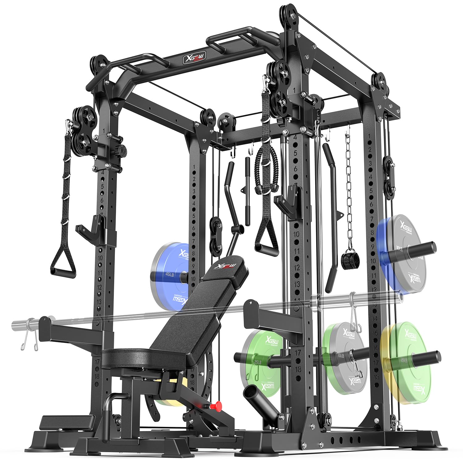 Power Cage Multi-Function Power Rack with Cable Crossover System - 1800 LBS Capacity Squat Rack with Weight Bench for Home Gym | Strength Training Equipment for Full-Body Workouts