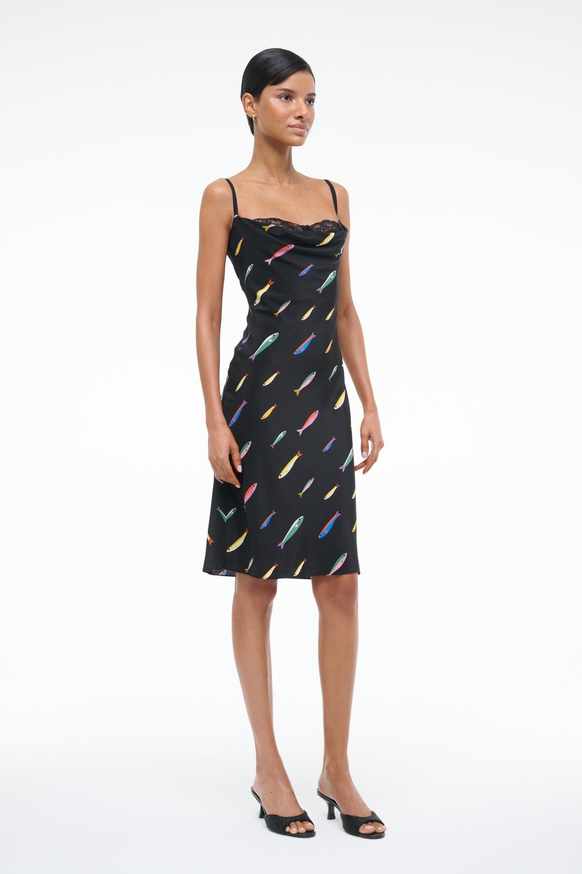 Evangeline Silk Dress - Elegant Black Pop Sardines Design for Women | Perfect for Evening Parties, Weddings & Special Occasions