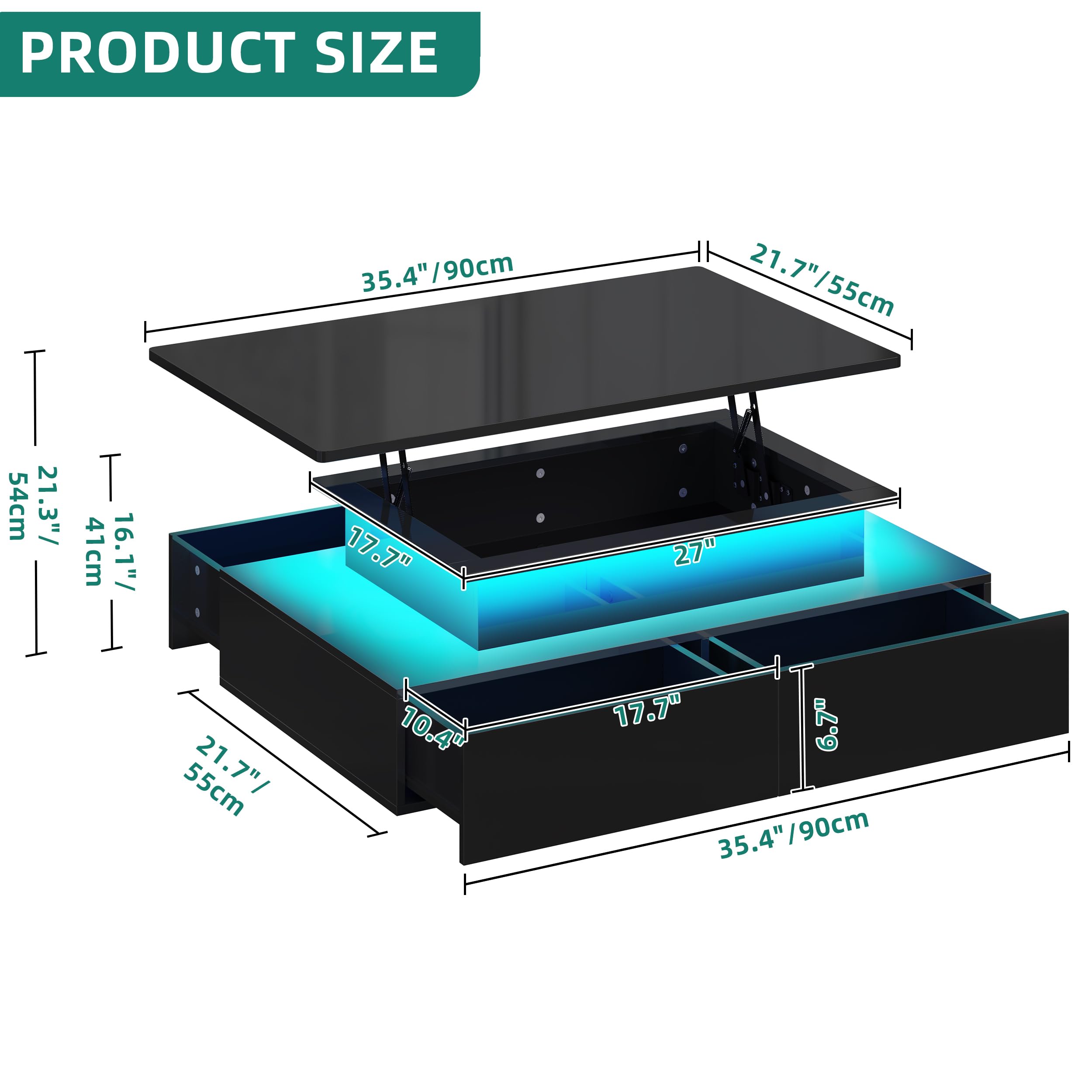 YITAHOME Lift Top Coffee Table with Storage & LED Lights - Modern Rectangular Living Room Table with 4 Spacious Drawers - Perfect for Small Spaces, Home Office & Entertainment Areas (Black)