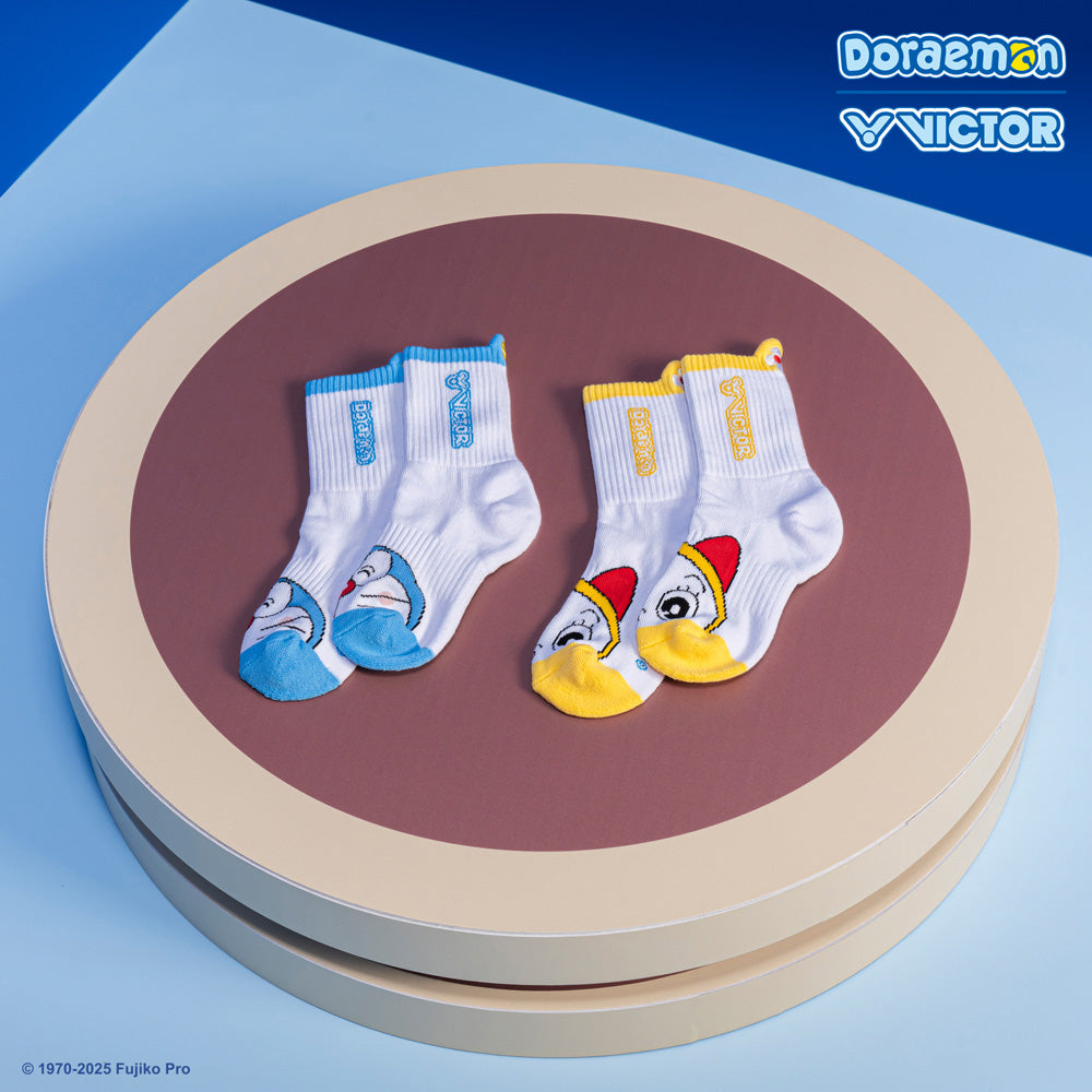 Victor x Doraemon Junior Sport Socks SK517DRM - Cute Anime Athletic Socks for Kids - Breathable Cotton Blend - Deep Sky Blue - Perfect for School, Sports & Casual Wear