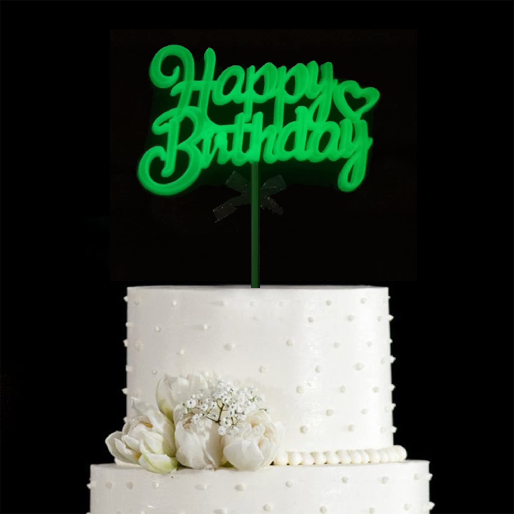 Glow Party Neon Birthday Cake Toppers - 3D Green Happy Birthday Cake Decorations for Birthday Parties, Night Events & Glow-in-the-Dark Celebrations