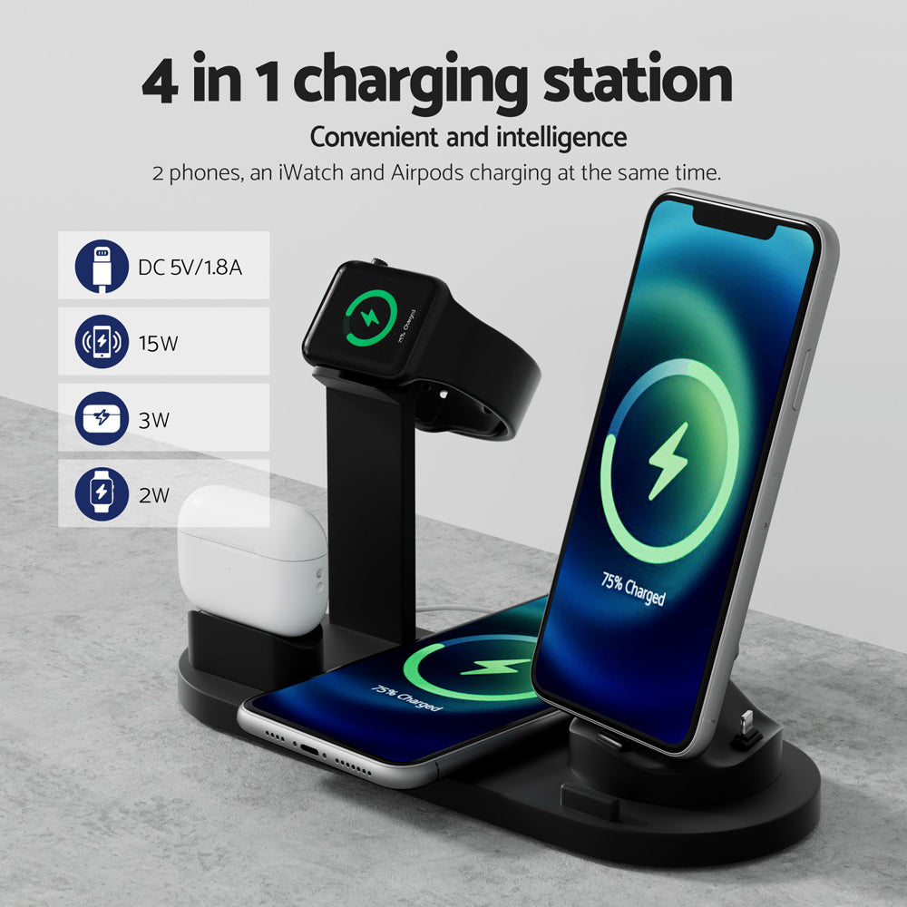Devanti 4-in-1 Wireless Charging Station - Fast 15W Qi-Certified Charger for iPhone, AirPods & Apple Watch - Multi-Device Charging Stand for Home, Office & Nightstand Use