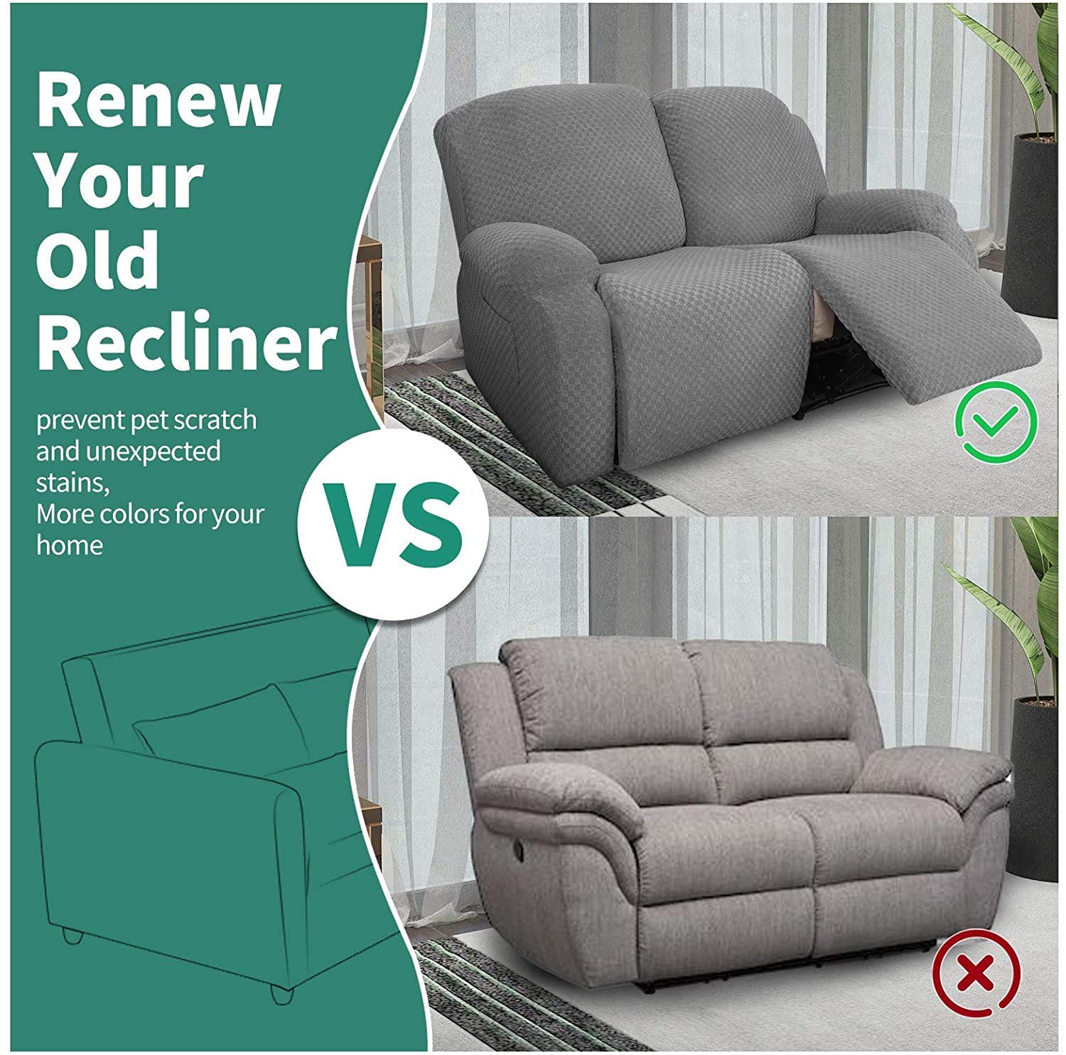 6-Piece Stretch Jacquard Recliner Sofa Slipcover with Side Pockets - Light Gray Elastic Bottom Furniture Protector for Loveseat & Reclining Couches | Perfect for Living Room, Home Theater & Family Room Protection