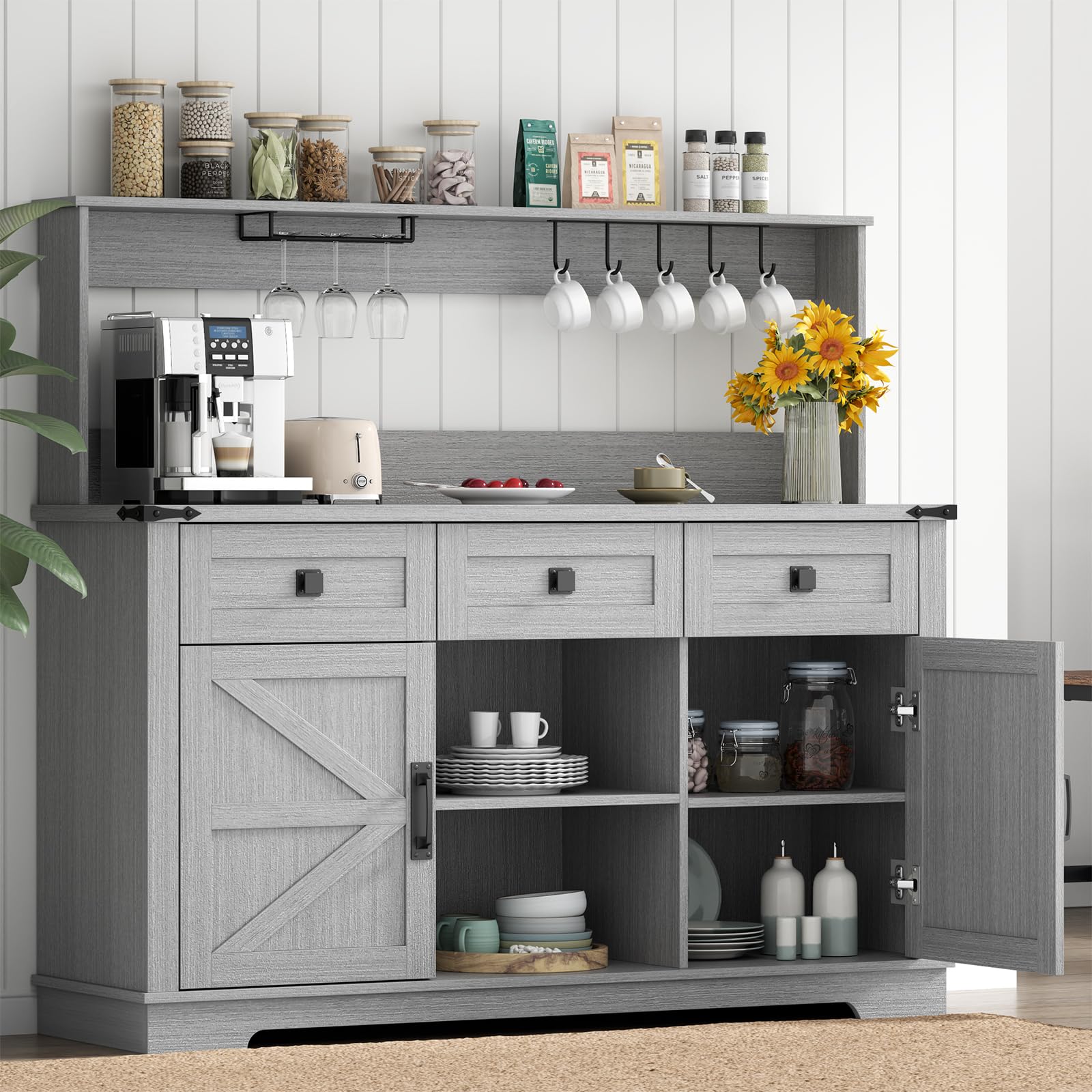 Farmhouse Bar Cabinet with Hutch - Kitchen Buffet Storage Cabinet with 3 Sliding Drawers, Adjustable Shelves & Goblet Holder - Grey - Perfect for Living Room, Dining Room, Home Bar & Entertaining