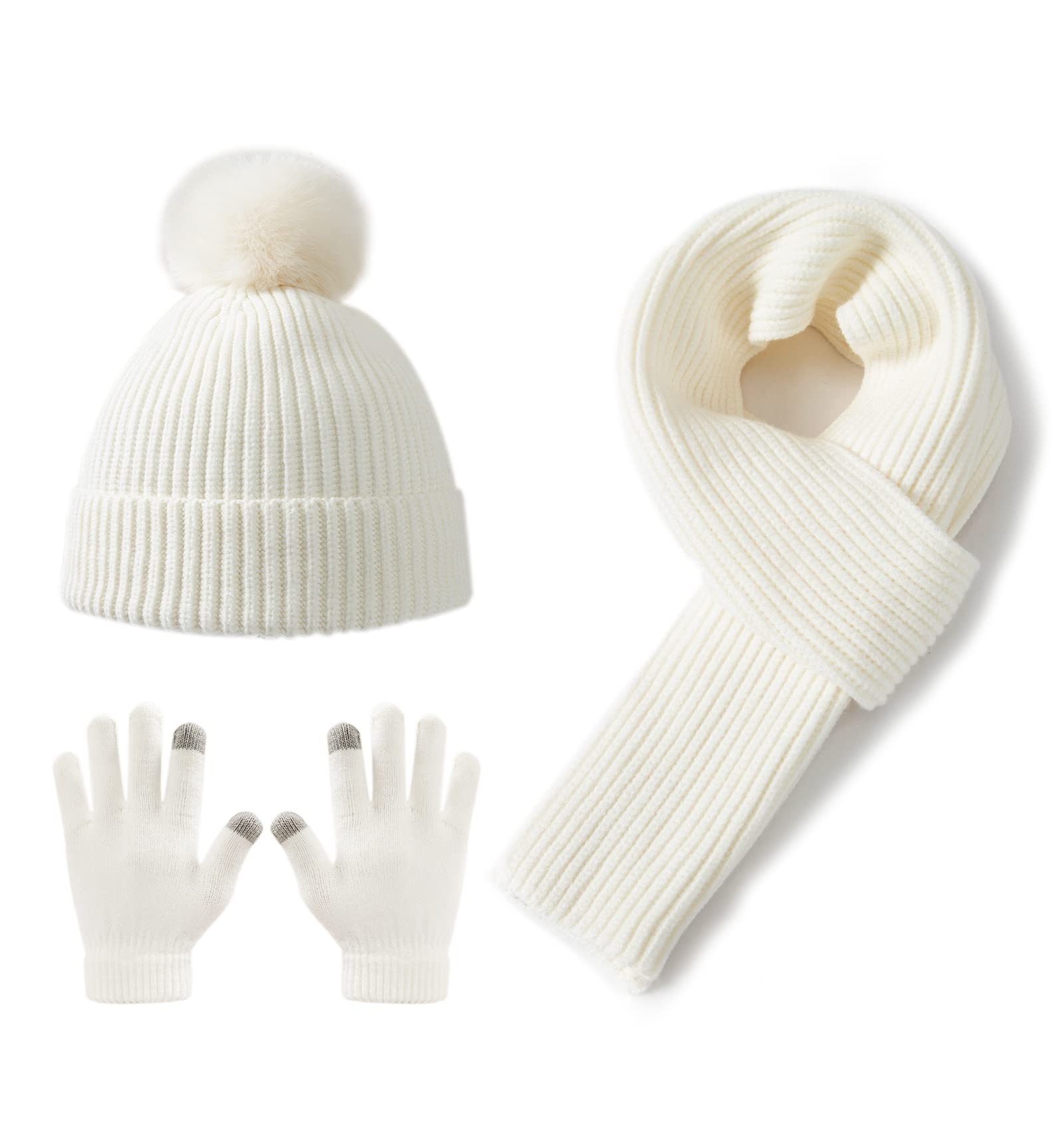Lallier 3Pcs Kids Winter Hat Scarf Gloves Set - Warm Knit Pom-Pom Beanie for Boys Girls Toddlers - Perfect for Snow Play, Outdoor Activities & Cold Weather Protection