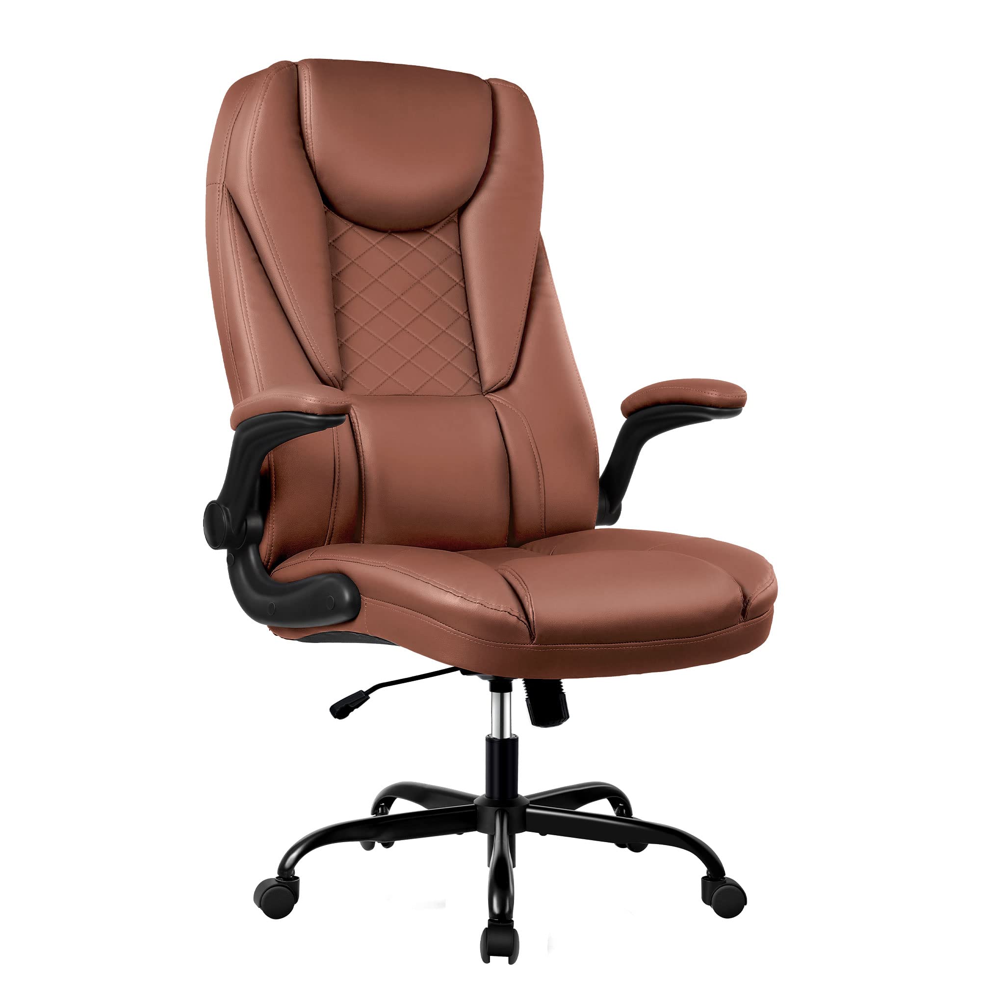 Premium Executive Office Chair - Big and Tall Leather Desk Chair with Flip-Up Arms, High Back & Lumbar Support (Brown) - Ergonomic Comfort for Long Work Hours, Home Office & Conference Rooms