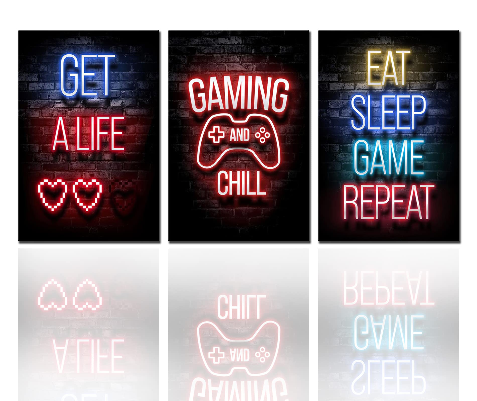 EAT SLEEP GAME REPEAT Canvas Wall Art - 3 Piece Gaming Room Decor for Boys & Gamers - Black & Neon Printed Framed Poster Set (60x28 Inches) Ready to Hang - Perfect for Video Game Rooms, Man Caves & Teen Bedrooms
